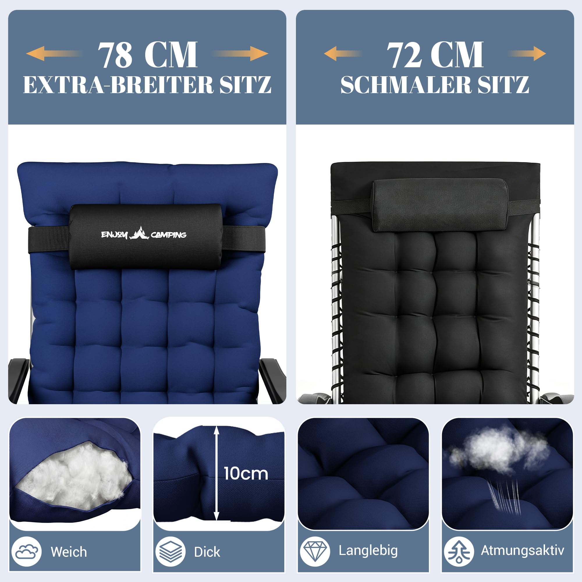 UDPATIO Sedia a sdraio pieghevole con supporto per bevande, sedia da giardino con cuscino, sedia a sdraio, extra grande, schienale regolabile (blu marino, misura XX)
