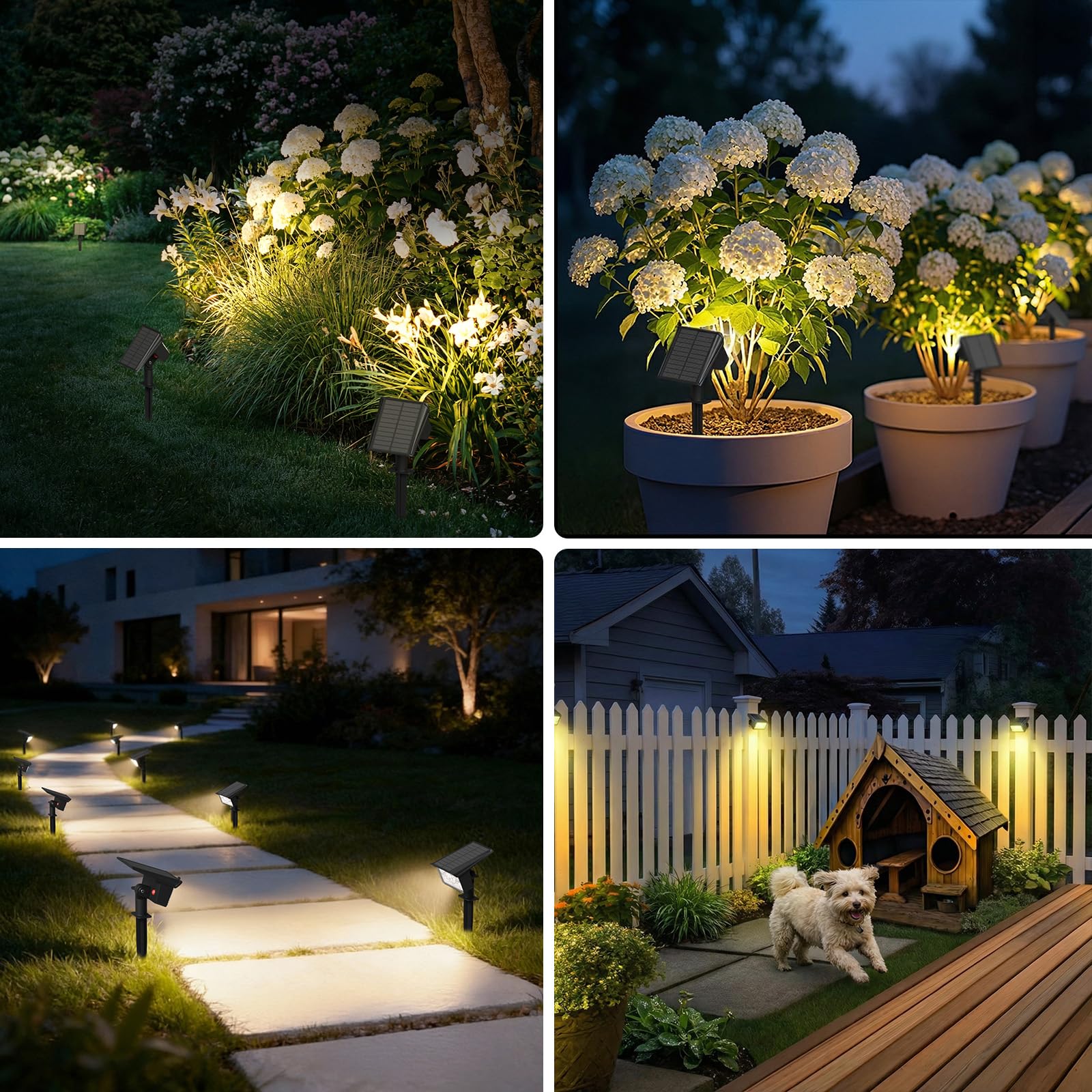 FLOWood Solarlampen für Außen Garten, 3000K Warmweiß Solar Strahler 4 Stück, 1500mAh IP68 Wasserdicht, 3 Helligkeitsmodi LED Gartenleuchten für Garten, Rasen, Auffahrt, Gehweg & Patio