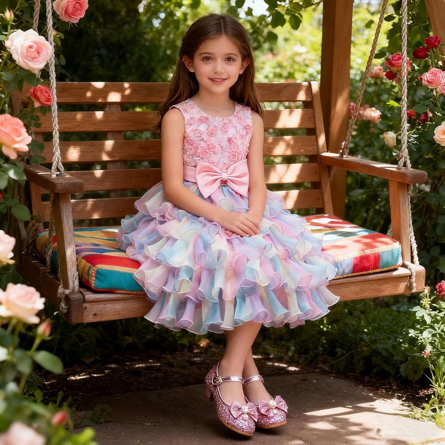 Little Girl Rainbow Tutu Dress Tulle Birthday Pageant Flower Ruffle Party Wedding Formal Princess Ball Gown 2-10 Years