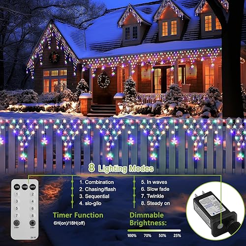 Miniatura 4 de Luces de Navidad para exteriores, 13.8 pies, 218 luces LED de red de Navidad con control remoto, tira de luces de carámbano con 12 estrellas