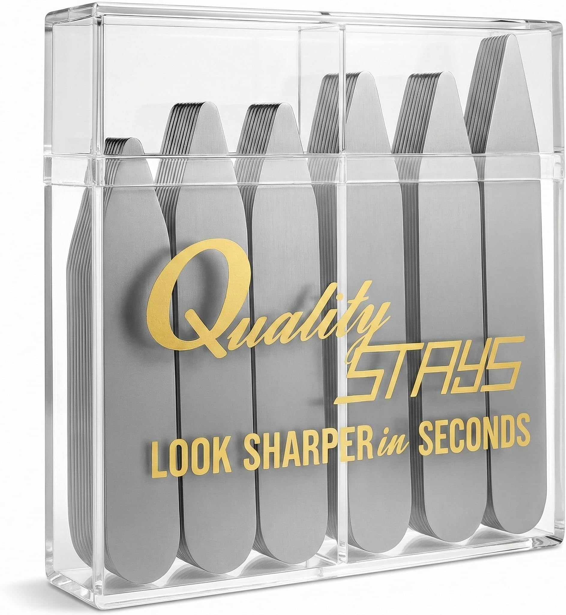 52 Metal Collar Stays, Stainless Steel Dress Shirt Collar Inserts, 4 Sizes with Storage Case