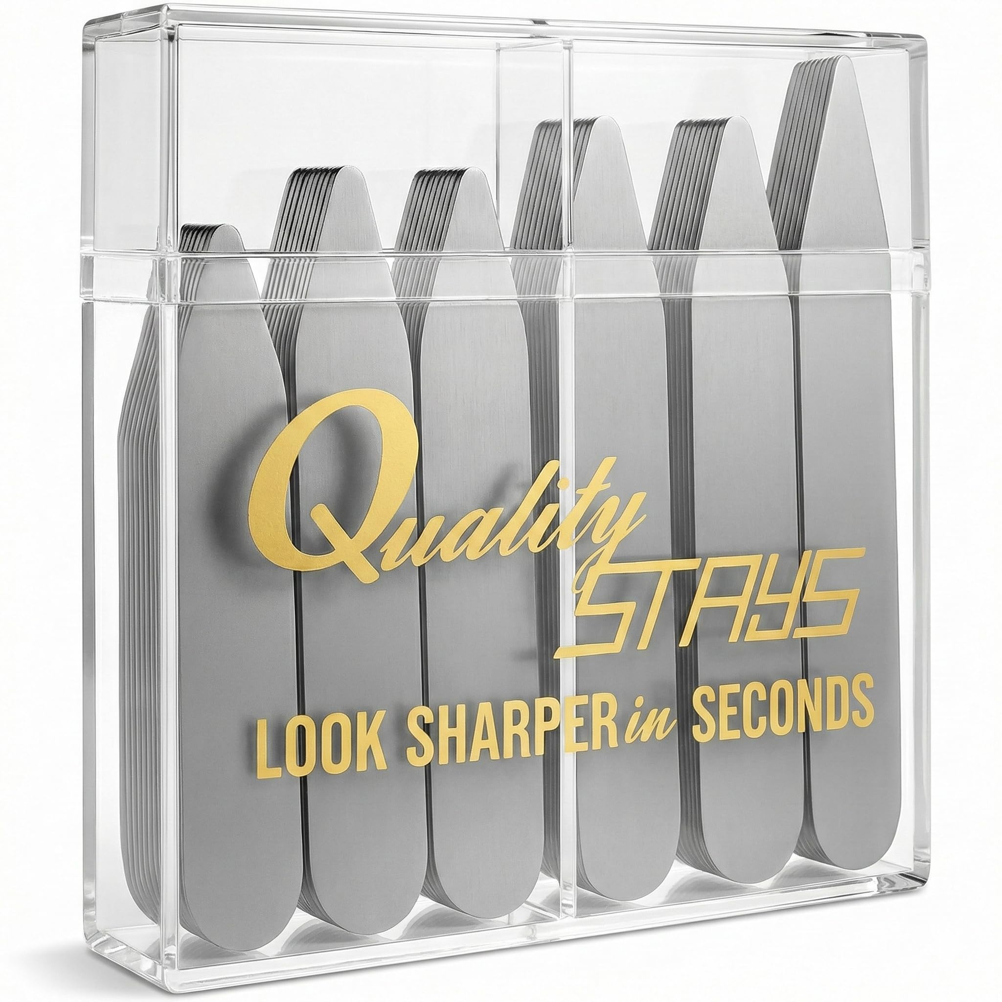 52 Metal Collar Stays, Stainless Steel Dress Shirt Collar Inserts, 4 Sizes with Storage Case