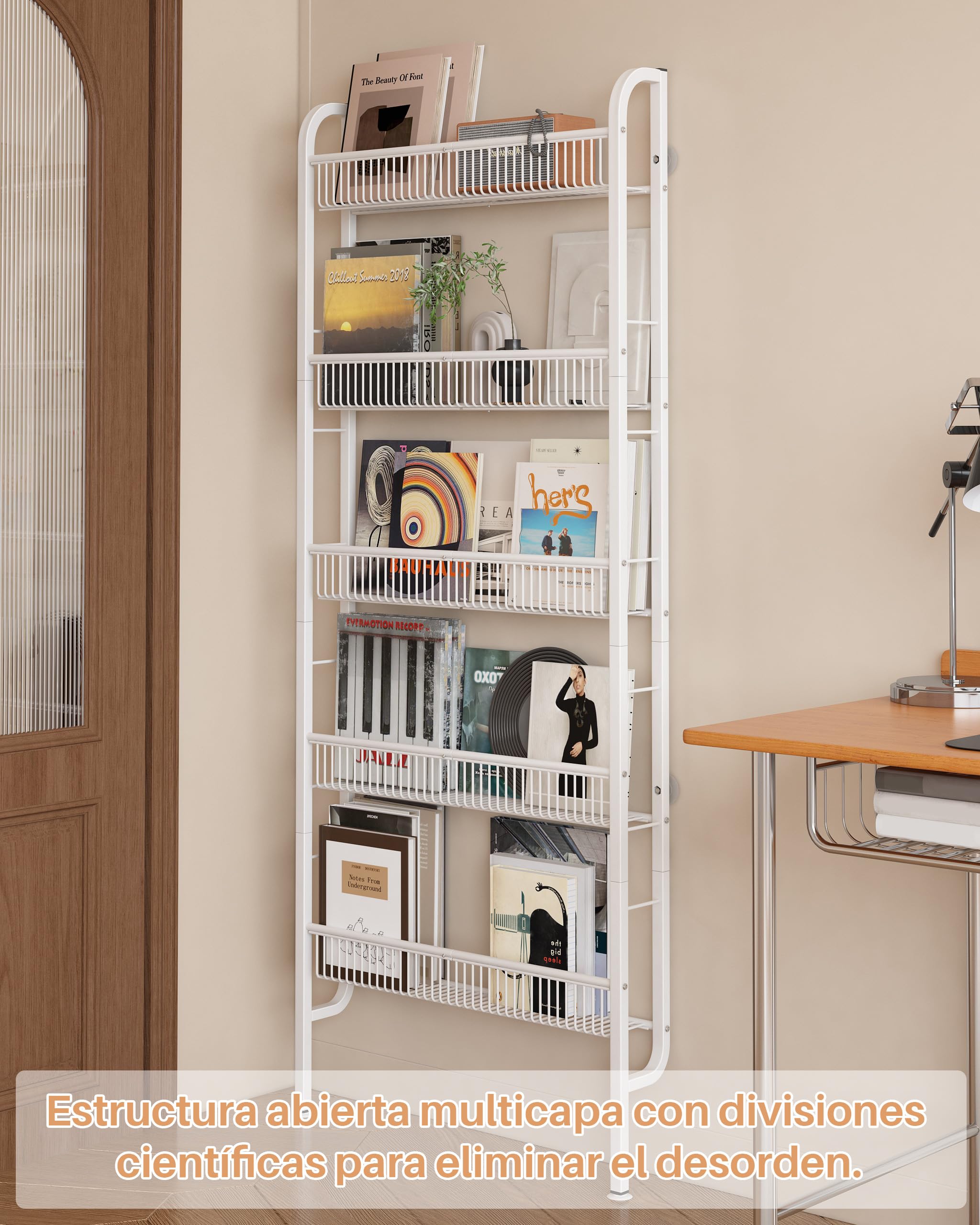 UMDONX Estante de Pared 5 Niveles, Estante Estrecho para Libros y Decoración, Organizador Multifuncional de Metal para Espacios Pequeños, Blanco