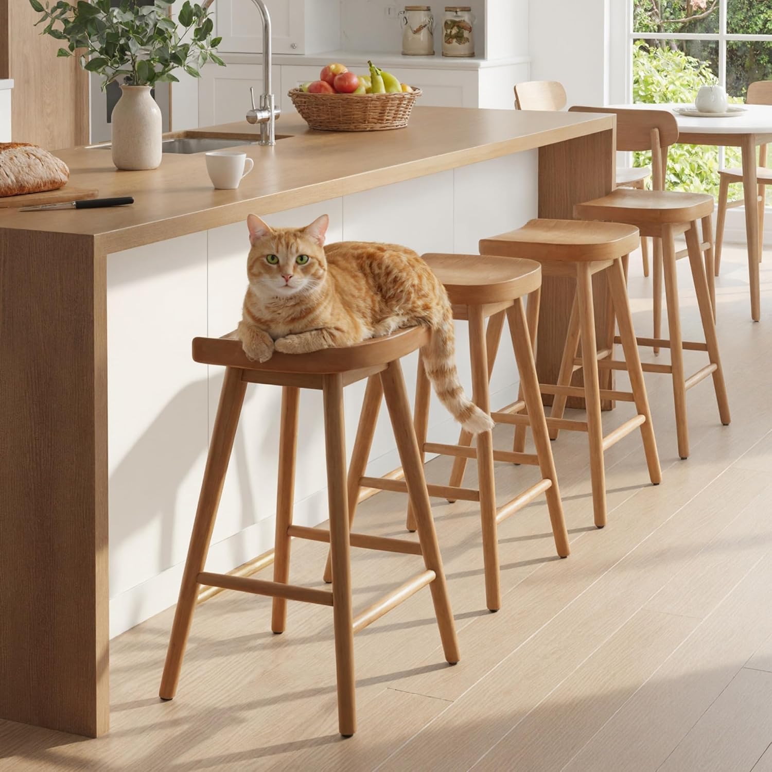 HNY Backless Counter Height Bar Stools Set of 4, 24’’ Modern Counter Stool Rustic Farmhouse Wooden Saddle Stools Ergonomic-Seat Barstool Chairs, Bar Height Stools for Kitchen Counter Island, Brown