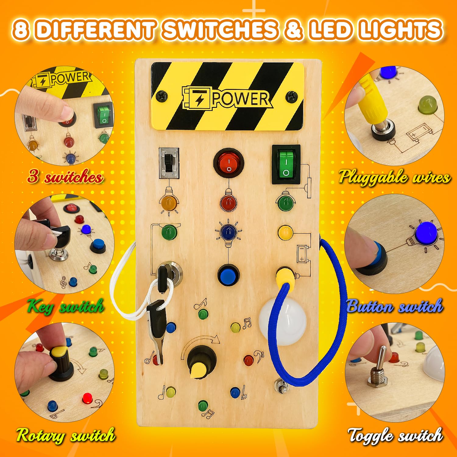 Hukermoon Busy Board Juguetes Montessori, Tablero de Actividades Sensoriales Madera con 8 Interruptores y 15 Luces LED, Montessori Toddler Busy Board LED, Juegos Educativos para Niños de 1 2 3 4 Años — view 3