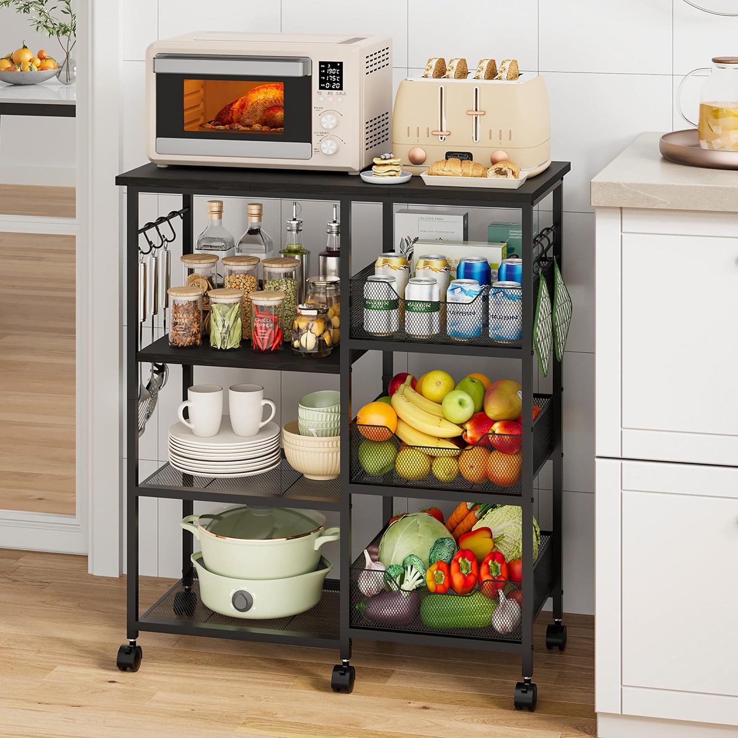 HapiRm Rolling Kitchen Cart with 6 Hooks, 3 Baskets & Lockable Wheels - Microwave Stand, Island Cart 28.3x14.6in for Kitchen, Pantry, Office