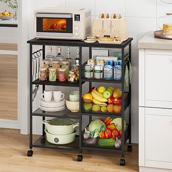 HapiRm Rolling Kitchen Carts with Storage - Microwave Table Stand with 6 Hooks & 3 Baskets, kitchen Island Cart on Lockable Wheels, 28.3" L 14.6" W Bakers Rack Cart for Dining Room Coffee Bar Office