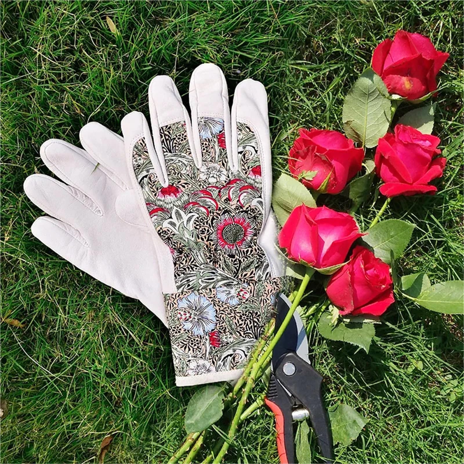 Guantes De Jardinería Palma de cuero de los guantes del trabajo de la señora que cultiva un huerto, parte posterior del algodón, resistencia de la espina de las plantas, muñeca/brazo inferior protege