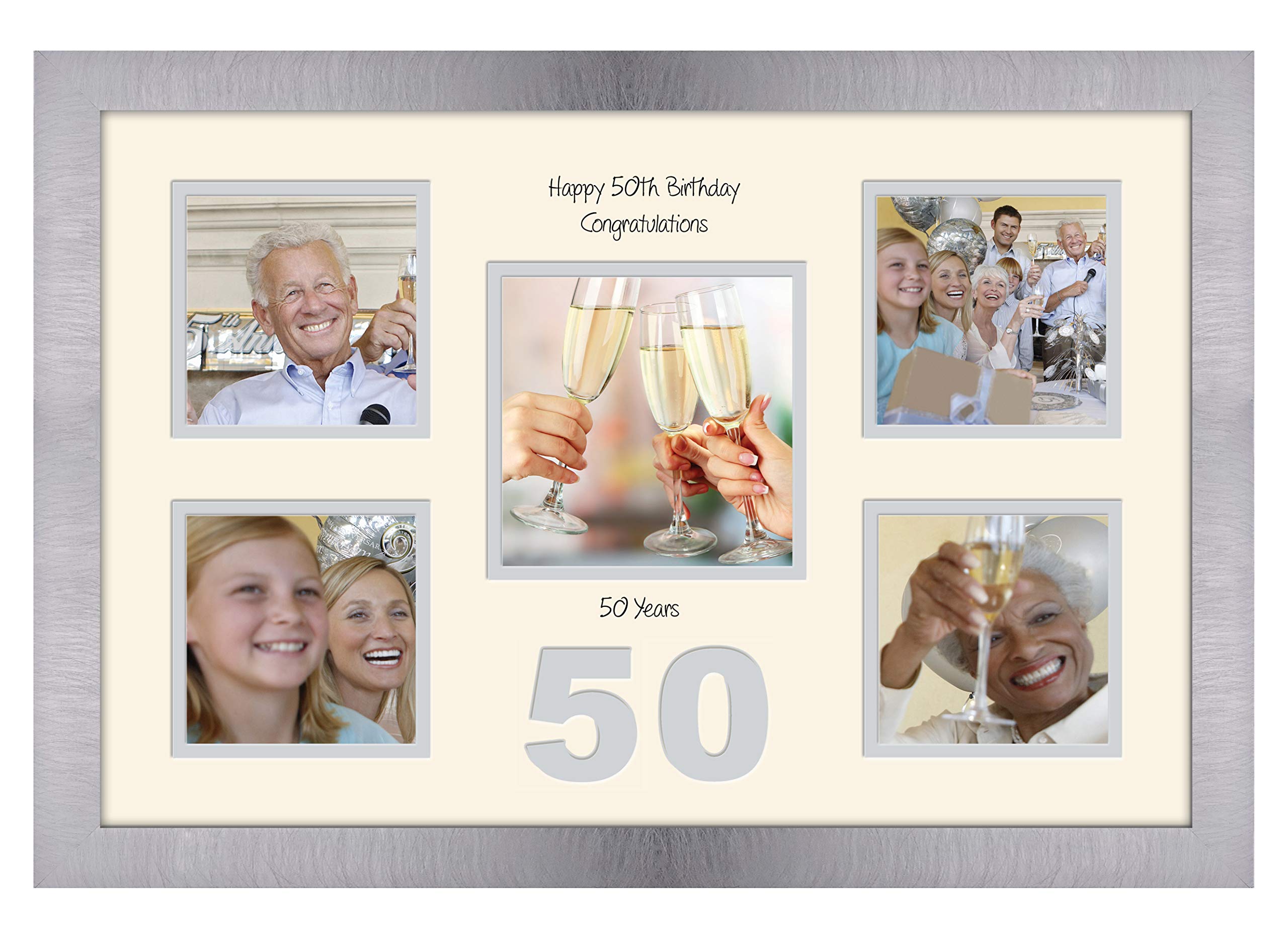 Photos In A Word Brushed Silver Finish Frame Cream Mount Grey Inside 50Th Birthday Photo Frame 4"X4" X4 And 5"X5" Photo 968D (Brushed Silver Finish Frame Cream Mount Grey Inside)
