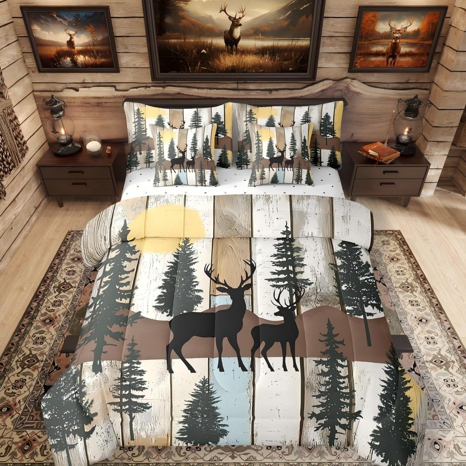 Elk Deer King Size Comforter Set with Sheets, Farmhouse Decor Rustic Barn Door 7 Piece Bedding Set Reindeer Bed in a Bag, Country Lodge Cabin Cottage Woodland Animals Bed Sets, Olive Brown Green