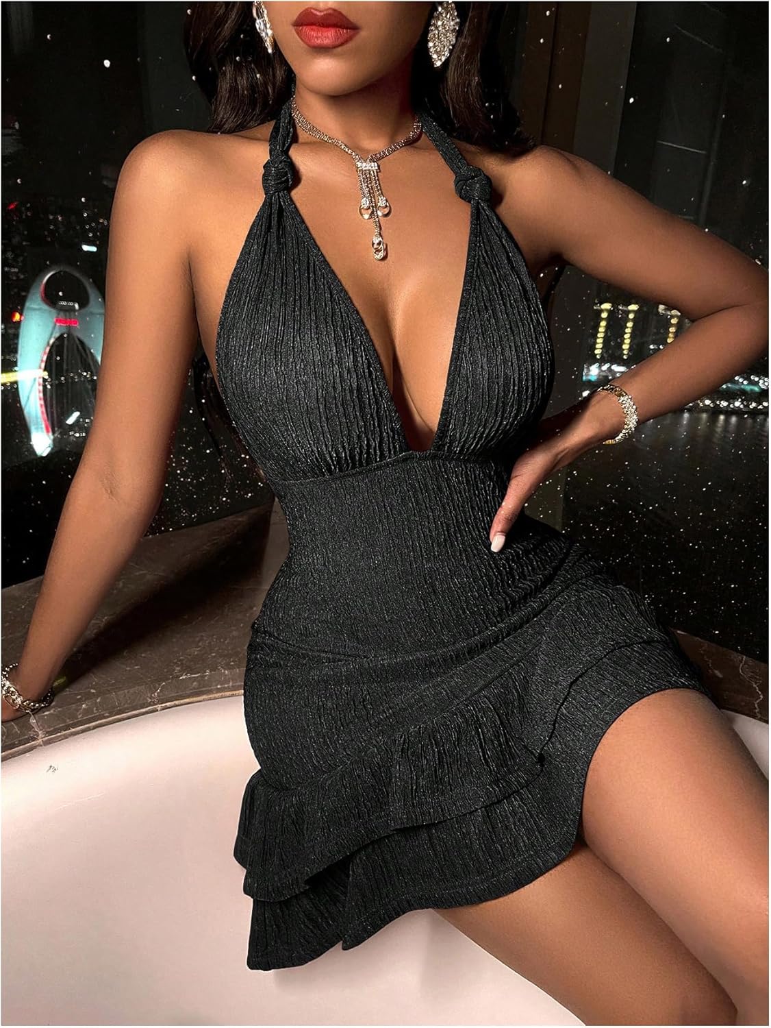 SOLY HUX Women's Summer Halter Bodycon Mini Dress Sexy Deep V Ruffle Party Cocktail Cami Dresses - Image 3