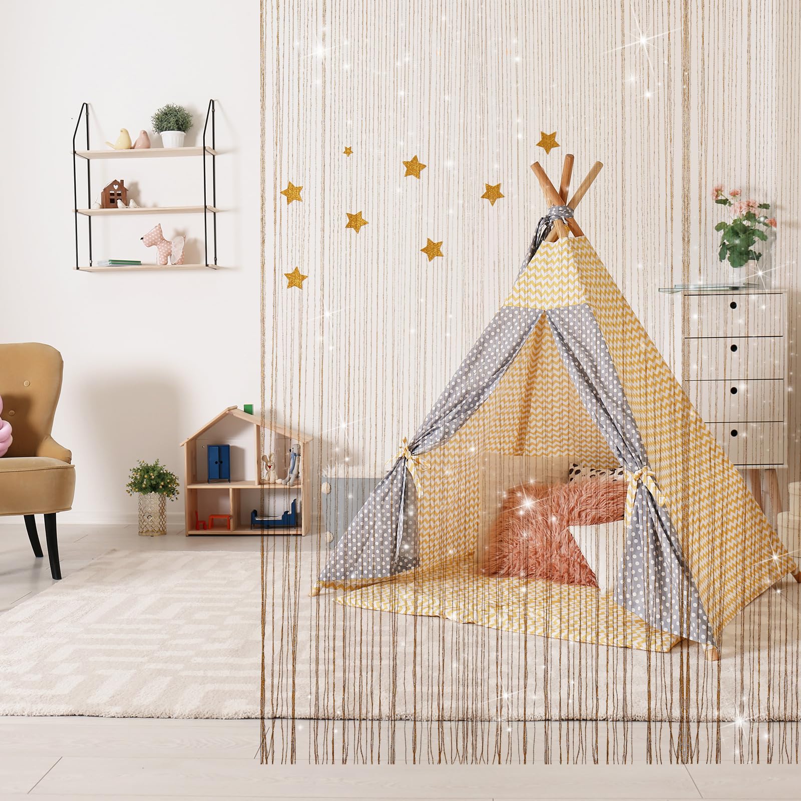 LITLANDSTAR 4 Stück Fadenvorhang Türvorhang, Glitzer Türvorhang Fensterdekoration Raumteiler Dekoration Perlenvorhang für Hochzeit Party Dekoration, 100 x 200cm (Champagne)