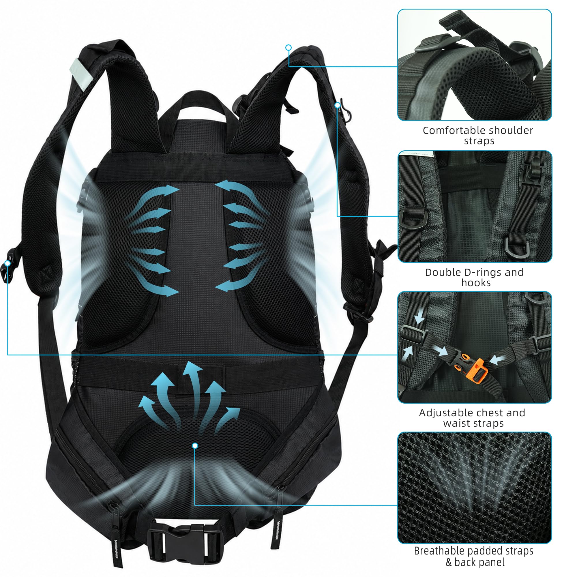 AUMTISC Zaino da trekking da 35 l, per uomo e donna, per campeggio, escursionismo, attività all'aperto, Nero , 52x33x20 Centimeters, Casual