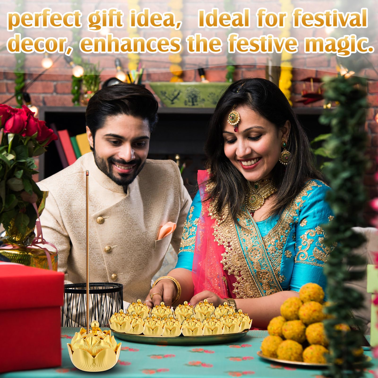 30 Pcs Return Gifts for Pooja Incense Holder Indian Return Gifts Lotus Flower Incense Burner Holder Sticks Cone Burner Ash Catcher with Lid for Pooja Indian Wedding Party Supplies(Golden)