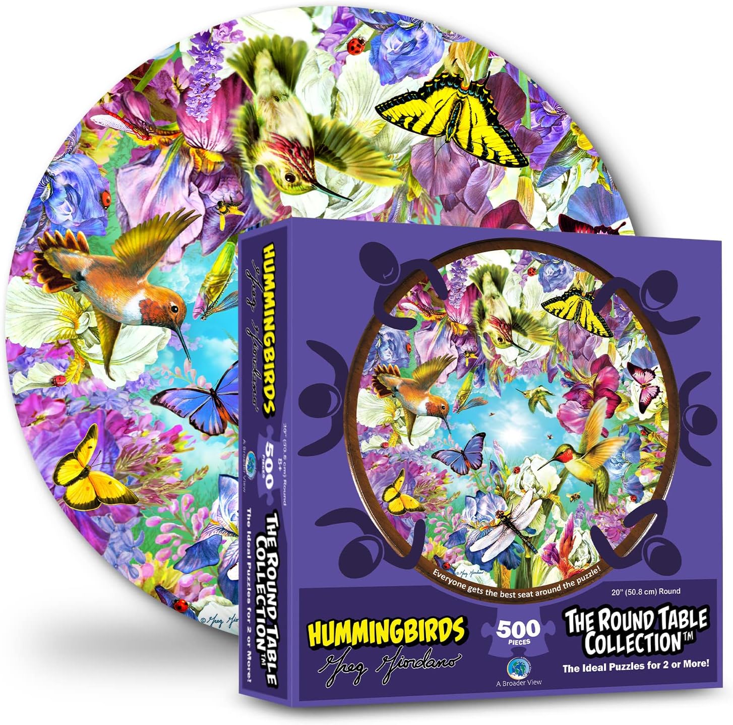 A Broader View Hummingbirds Round Table Puzzle - 500 Pieces, Jigsaw Puzzles For Adults, Suitable For Groups Of 2 Or More, Everyone Gets The Best Seat At The Table, Incl. 12x12" Poster