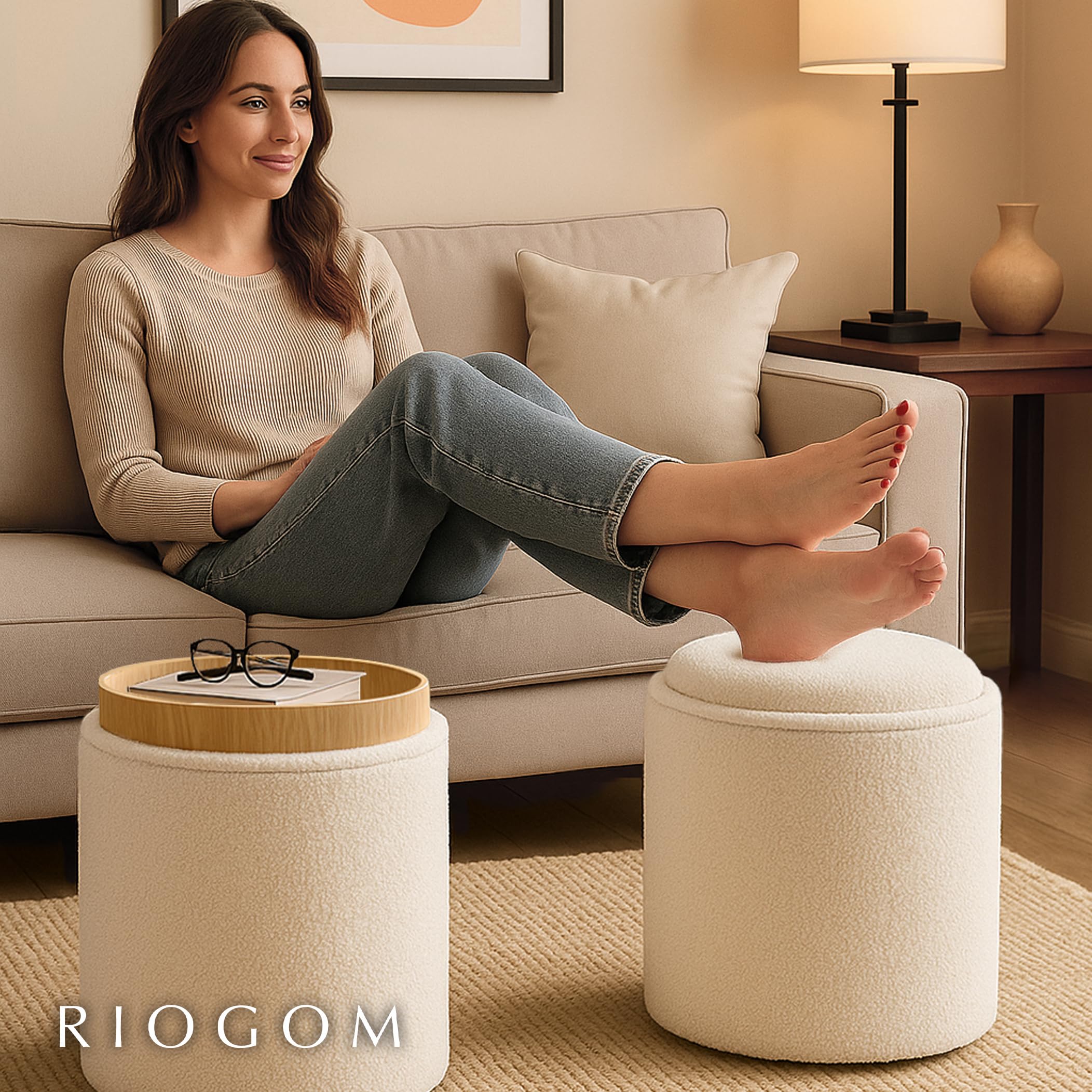 ️ Reposapies Salon - Puff Almacenaje con Mesa de Madera reversible Tela Suave, Baul Almacenaje, Reposapies Sofa, Taburete almacenaje, Banco almacenaje, Banco almacenaje asiento, Ø34x38 (Blanco)