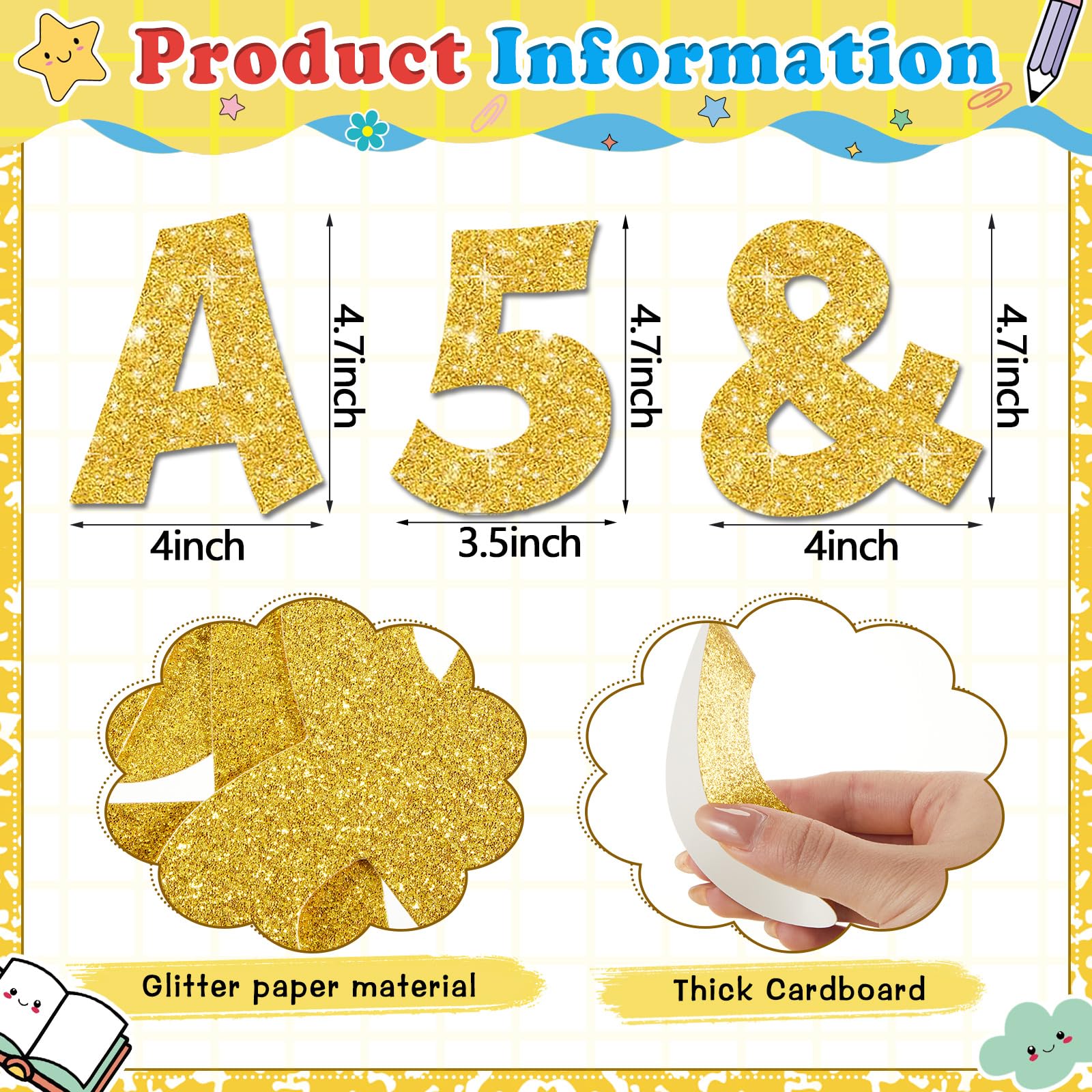 Colarr 144 letras con purpurina para tablón de anuncios para el aula, número del alfabeto, símbolo de puntuación, recortado, 4 pulgadas, letras troqueladas con puntos adhesivos, decoración de fiestas