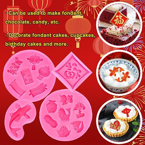 Miniatura 4 de Whaline 4 moldes de fondant de año nuevo chino, nudo chino, carpa, petardo, pareja, patrón de farol, moldes de silicona, moldes de resina para