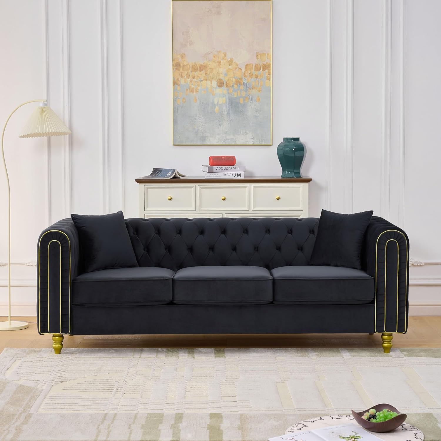 KEIKI 86″ Modern Chesterfield Velvet Sofa, Luxury 3-Seater