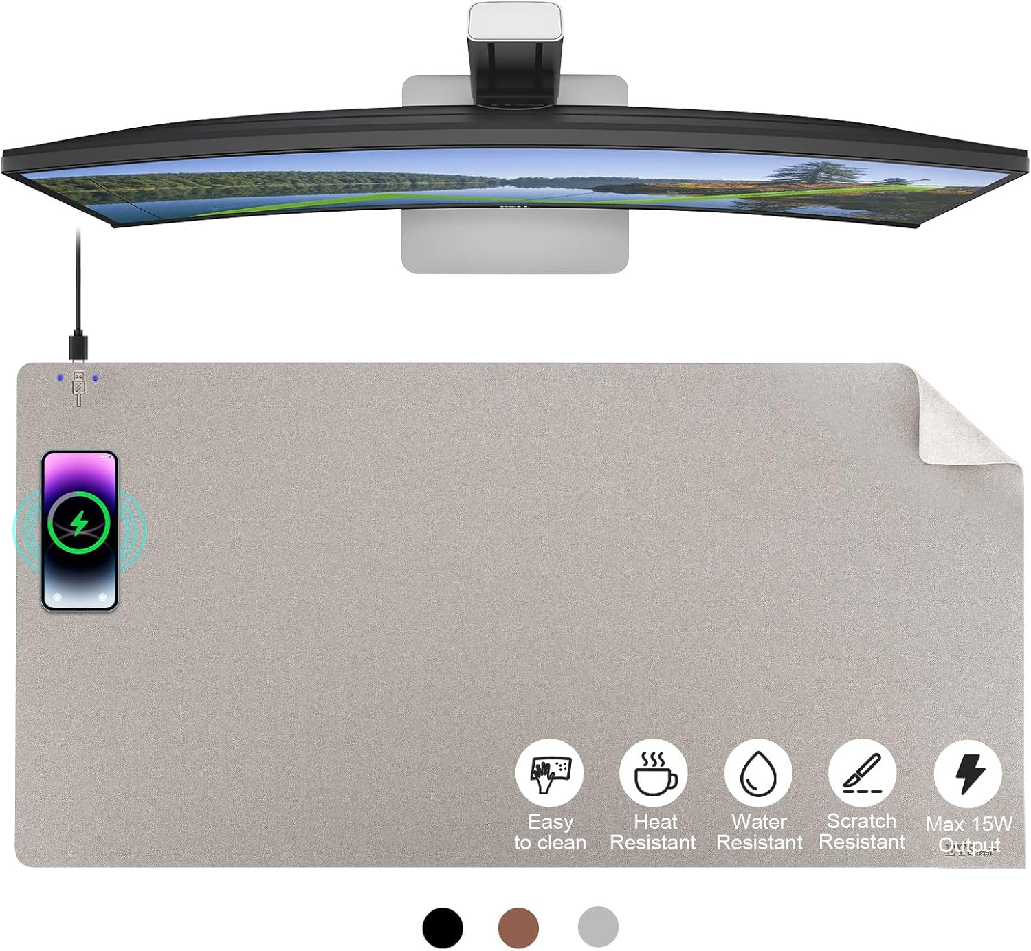 EYStech™ Desk Pad with Wireless Charger, Leather, Waterproof, Anti-Slip Wool Felt Base Material, Office Table Mat, Fast Charging Gaming Mouse Pad, 36” (L) x 17” (W), Grey (Left Side Charging Port)