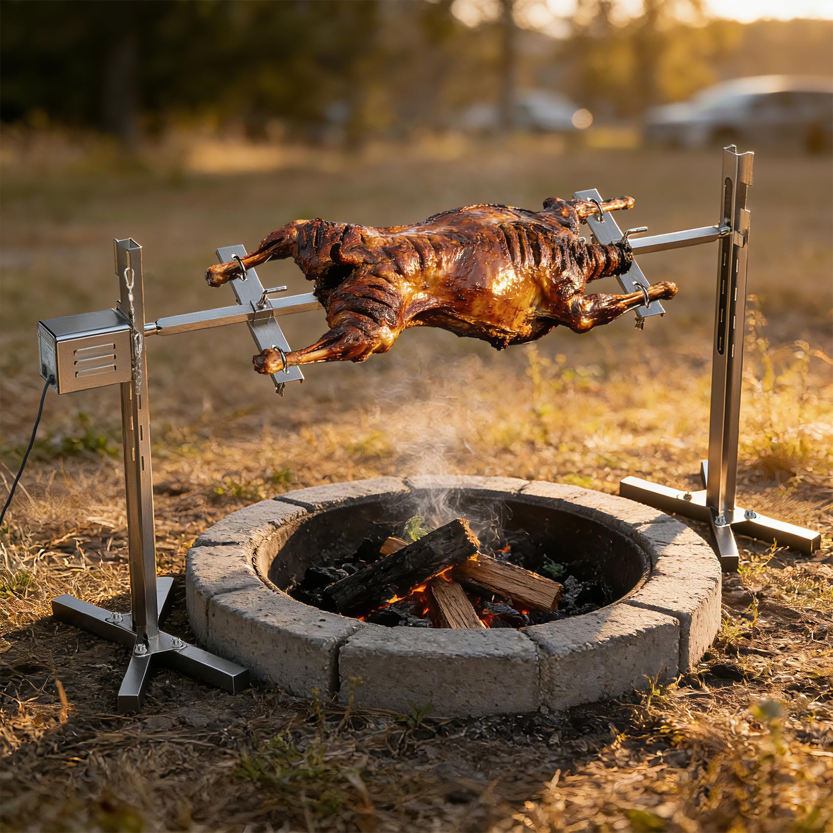 Spanferkelgrill mit Motor 60kg Belastbarkeit, Elektrischer Grillspieß Edelstahl mit 5-Stufig Höhenverstellbar, Spießbratengrill für Lamm, Schwein & Outdoor BBQ Gartenparty