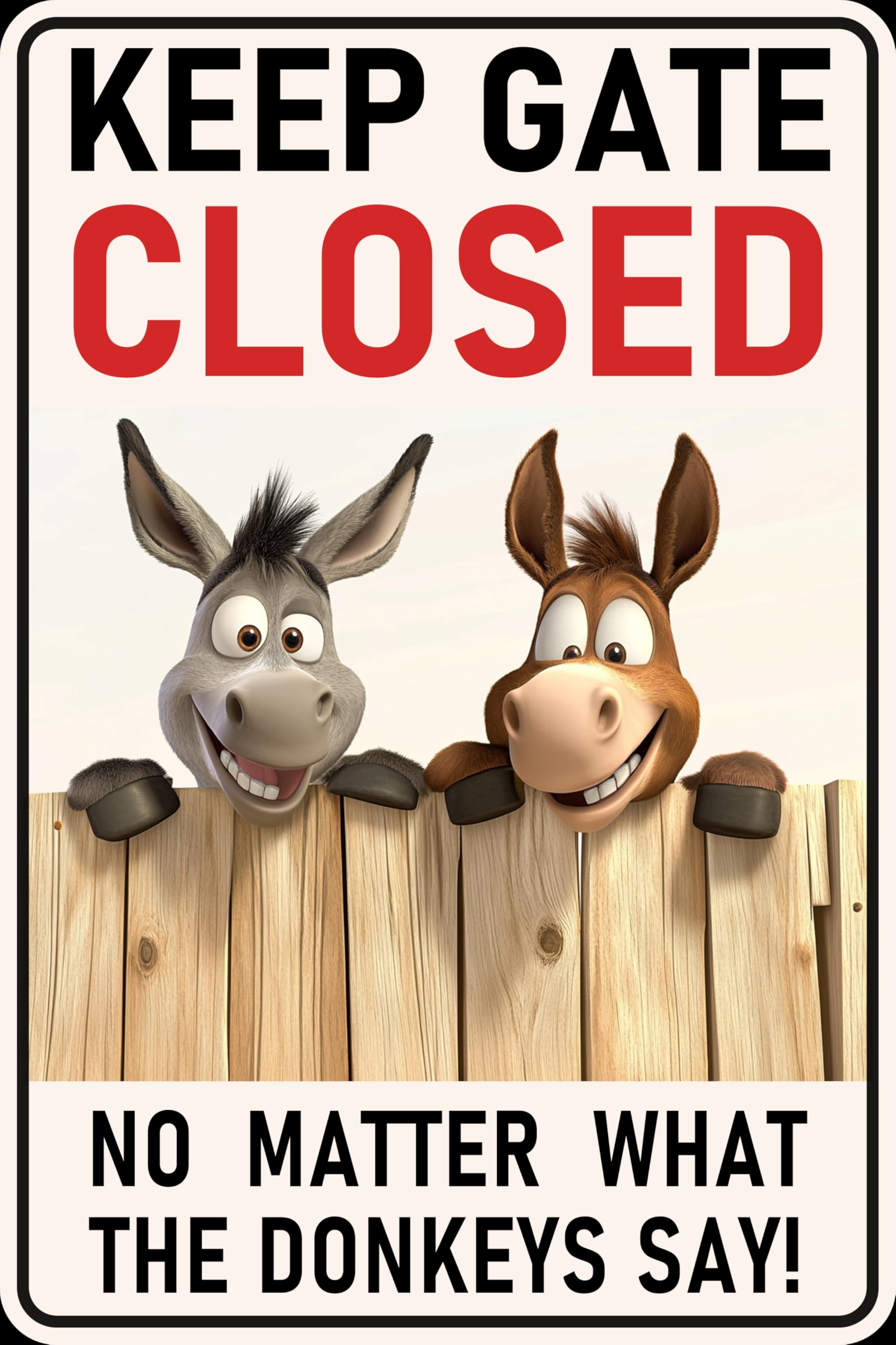 peiyeety Metal Tin Sign Keep Gate Closed Donkey Decorative Wall Art, Retro Style Metal Poster for Home Farmhouse Yard Outdoor Garden Cabin Garage Driveway, 12x16 Inch