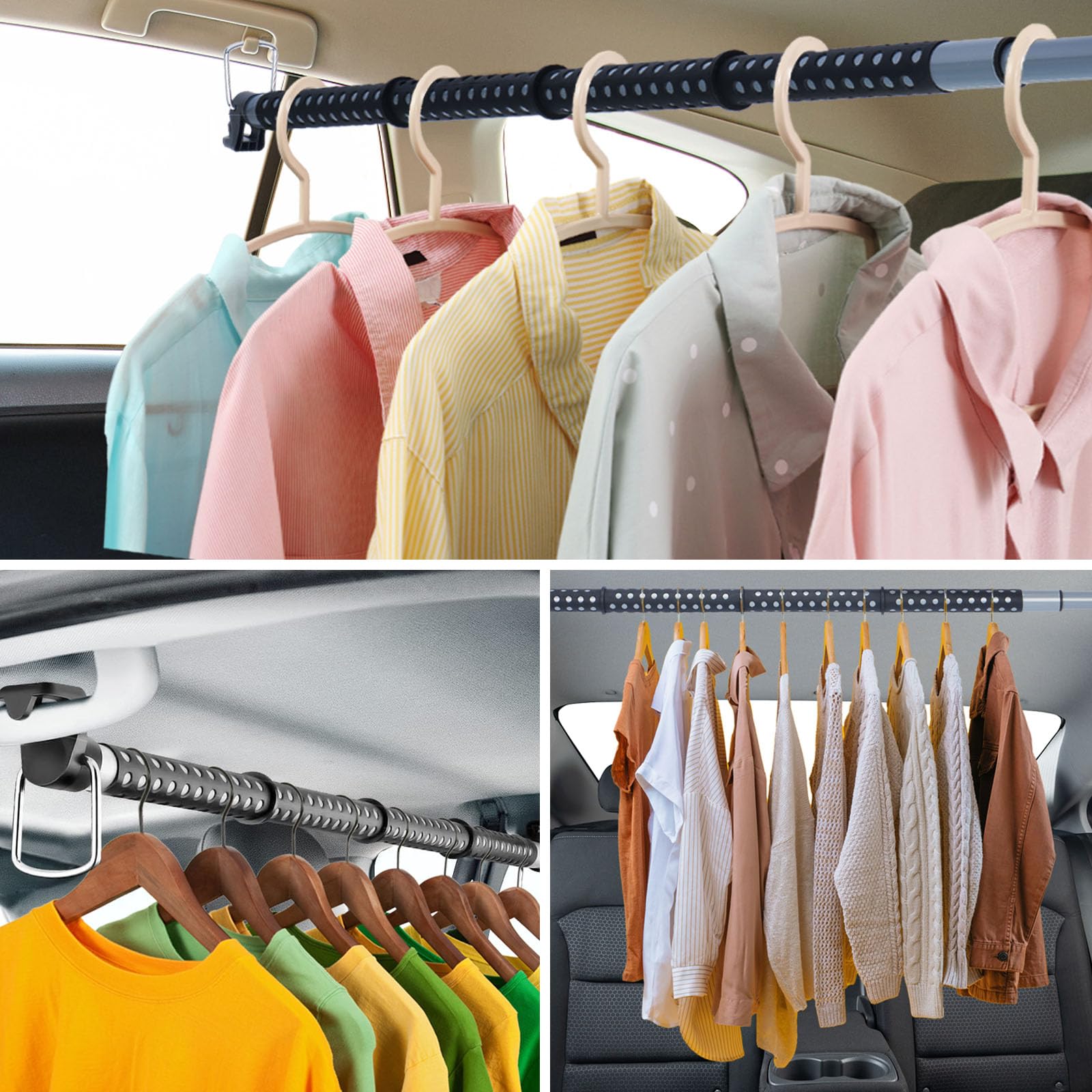 aleawol 車用ハンガーバー 固定ストラップ付き ２本セット 伸縮自在91〜164cm 耐荷重40kg 滑り止め 車天井収納 純正内装を傷つけない | ドライブ・キャンプ・スキー・サーフィン・釣り用, 車内用多機能物干し竿, ロッドホルダー, 着脱簡単・脱落防止, ルーフグリップ付き乗用車・SUV・ミニバン・バンに対応