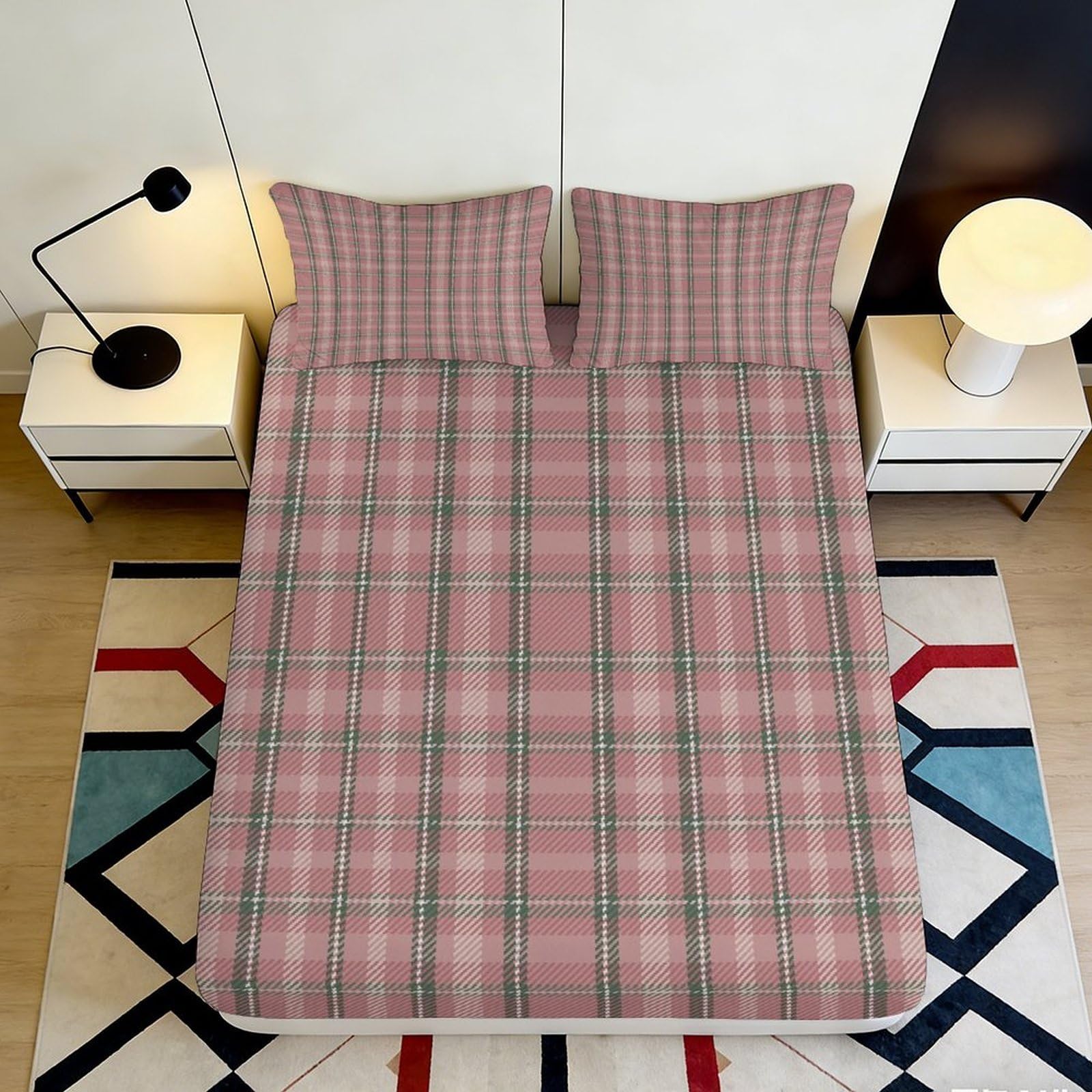 3D Printed Plaid Pattern Fitted Sheet Microfiber Soft Pink Grid Bed Sheet for Bedroom Dorm Mattress Cover Decor 90x200x25cm