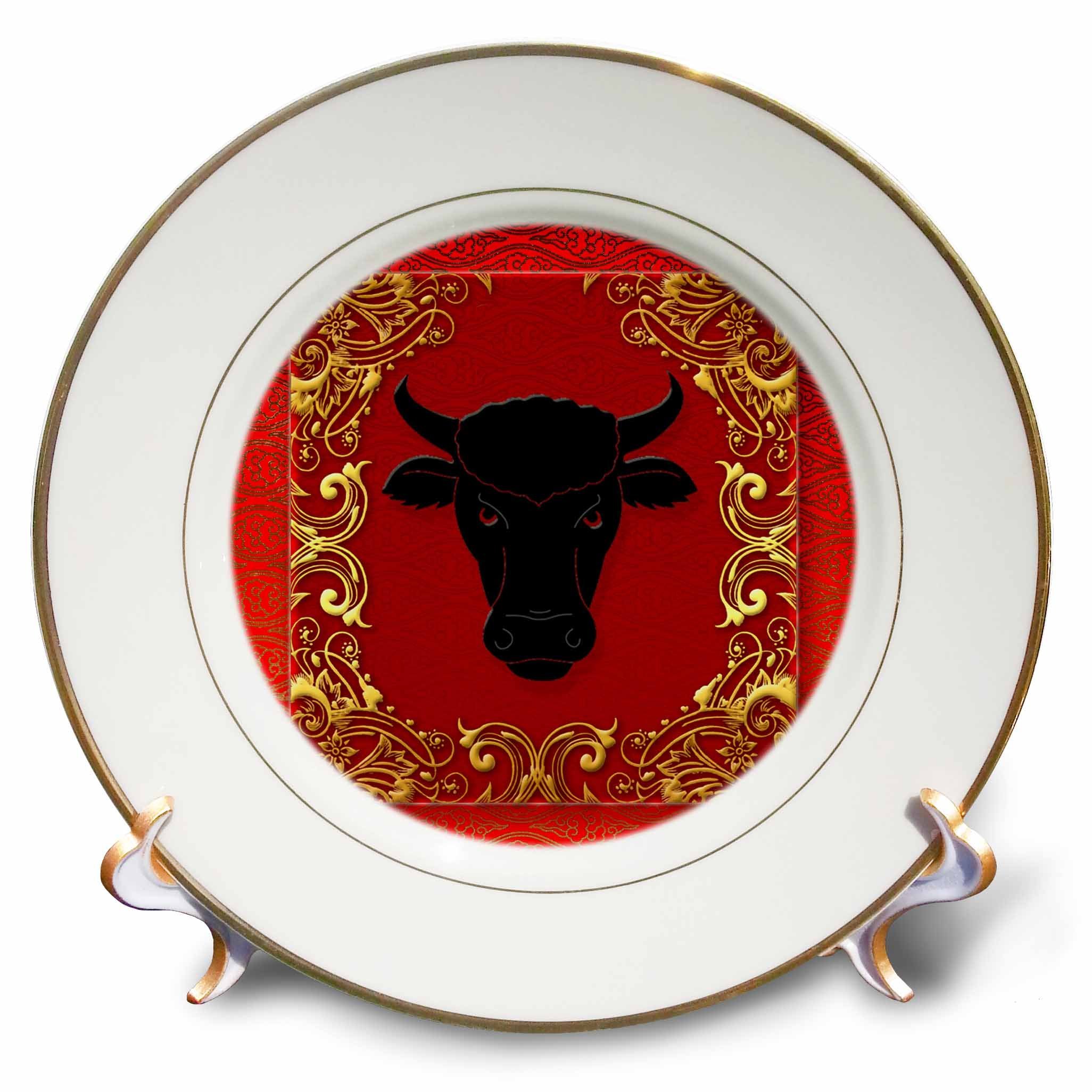 3dRose cp_101854_1 Chinese Zodiac Year of The Ox Chinese New Year Red, Gold and Black-Porcelain Plate, 8