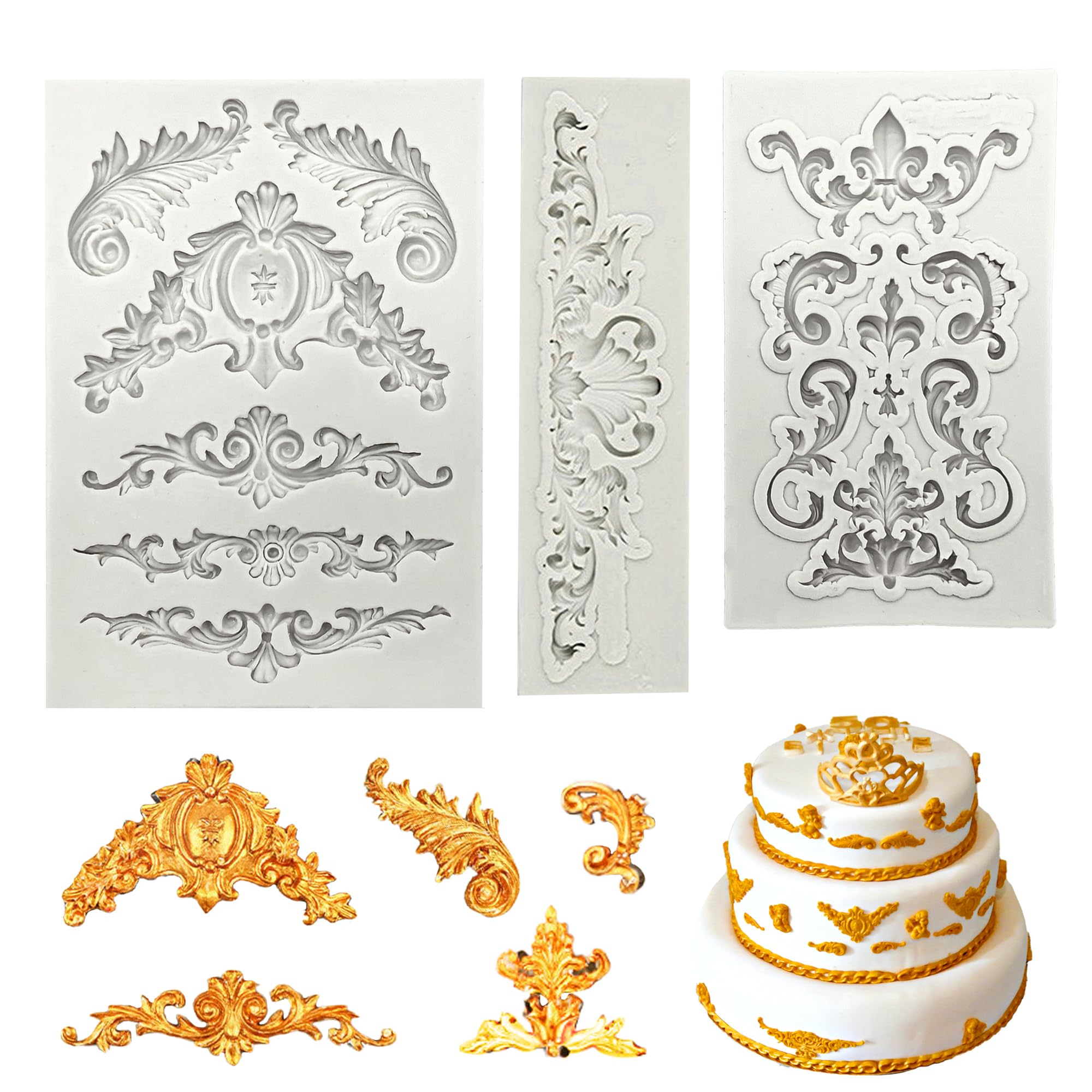 3-teilige Silikon-Fondantformen – Barockes Vintage-Design, Für Kuchen & Deko, Spülmaschinenfest