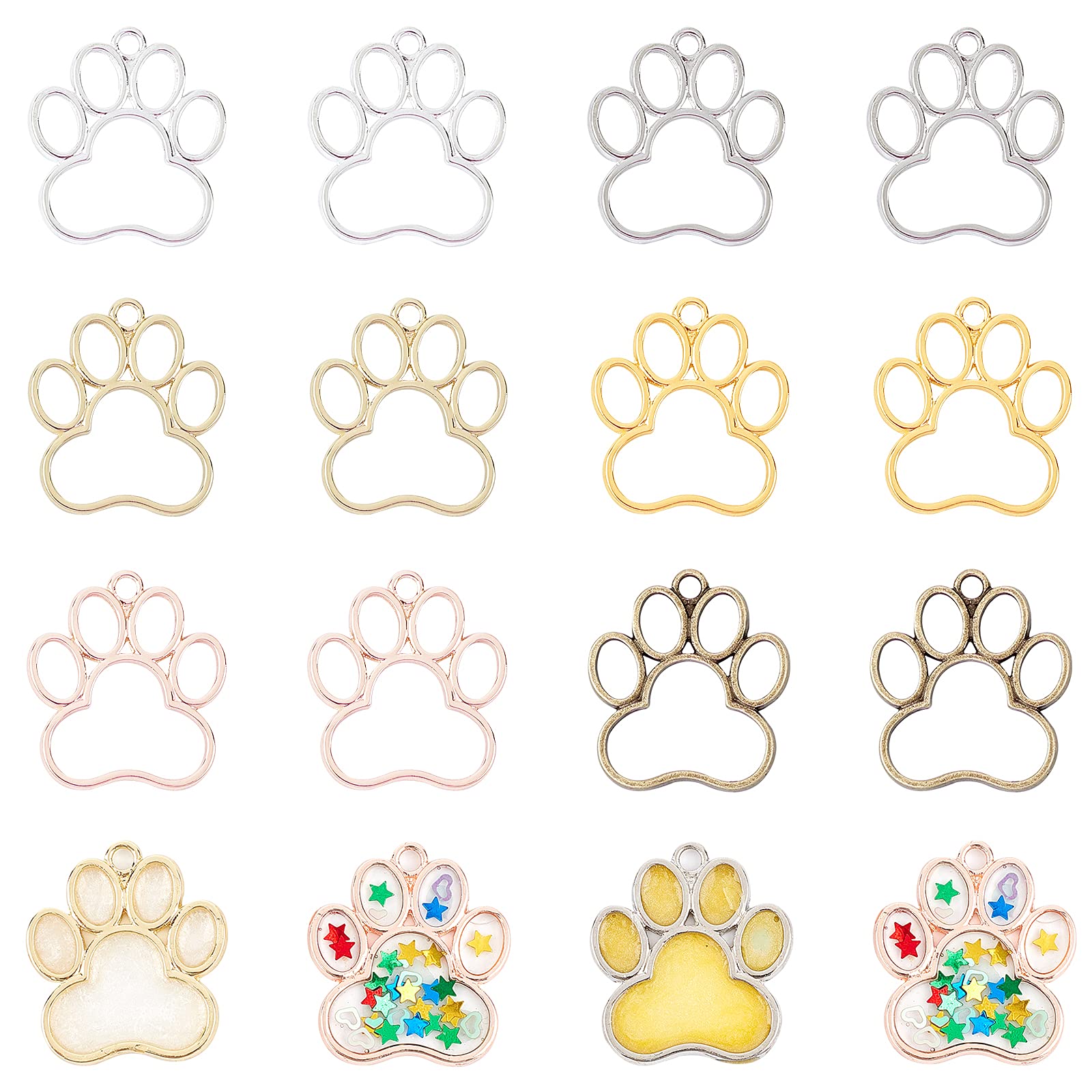 OLYCRAFT 24PCS Dog Paw Open Bezel Charms 29x32mm Alloy Dog Paw Frame Pendants Color-Lasting Hollow Resin Frames with Loop for Resin Jewelry Making – 6 Colors