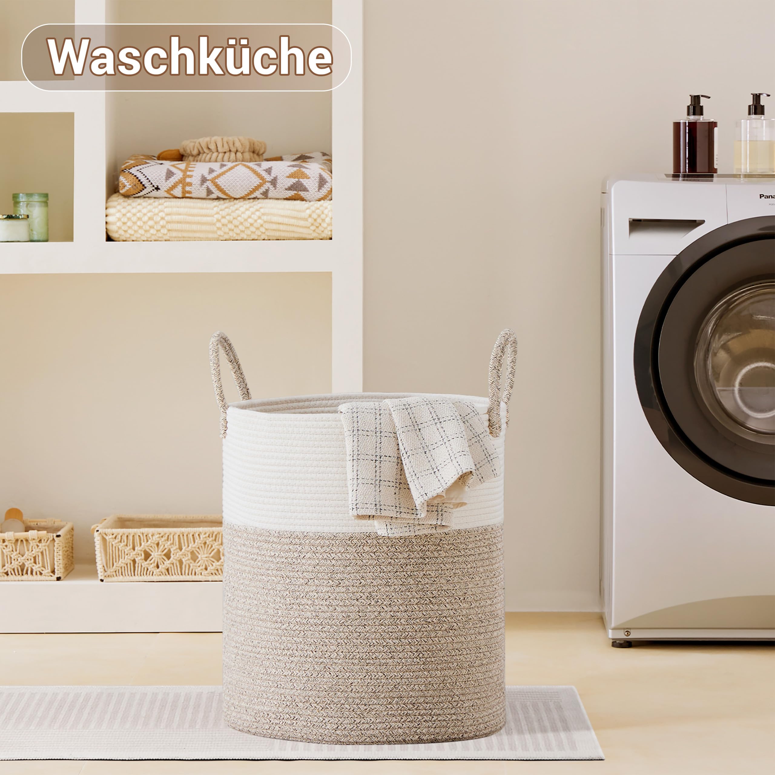 Wäschekorb,Aufbewahrungskorb,Geflochten Korb,100L Groß xxl Rund Wäschesammler mit Baumwoll Henkel für Kinderzimmer,Korb für Decken und Spielzeug für Wohnzimmer oder Waschraum,Braun & Weiß