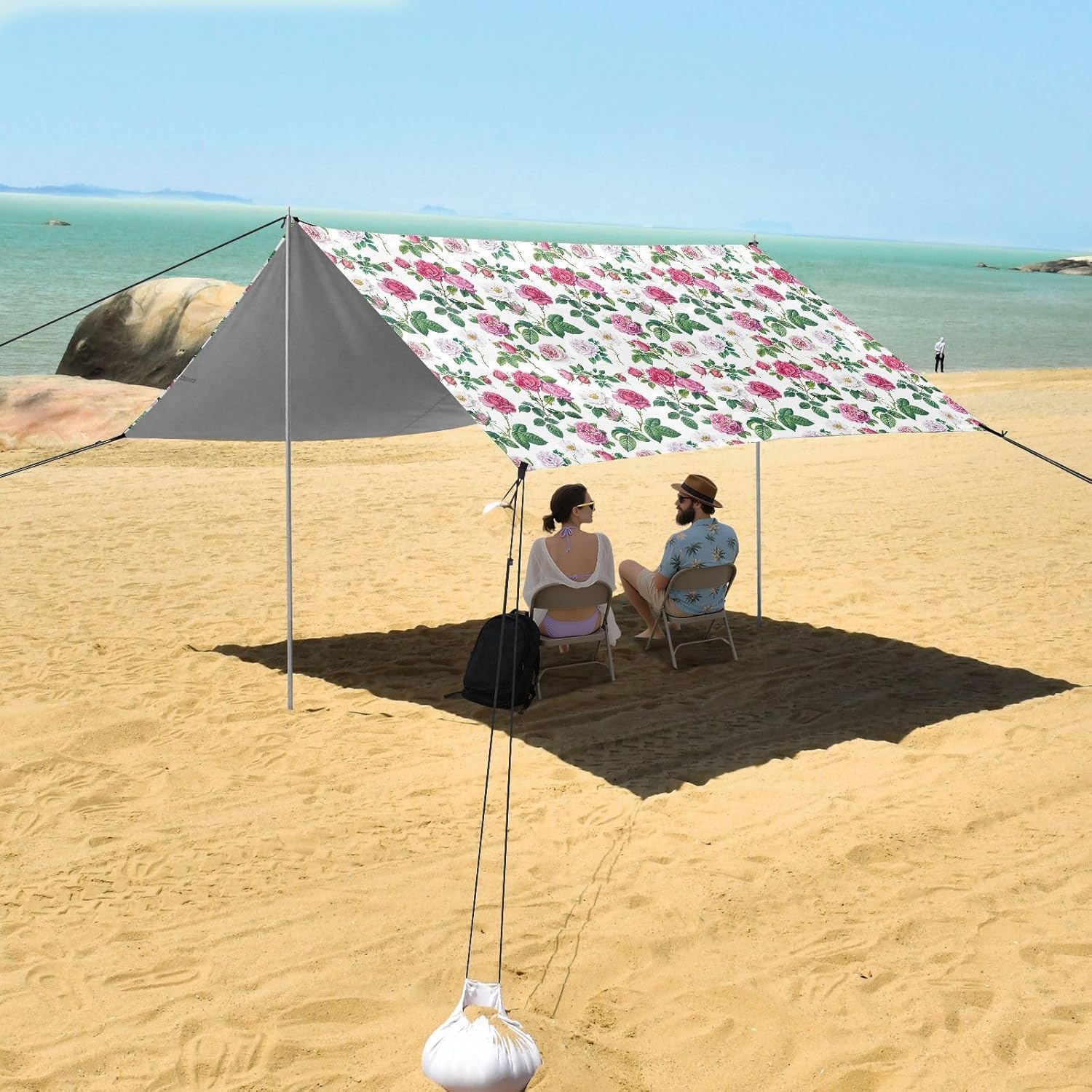 ALAZA Rose Flower Floral Beach Tent Sun Shelter UPF50+ Protection Beach Shade Canopy w/ 4 Sandbags for Outdoor Camping, Fishing, Backyard Fun, Picnic, 10x9 ft