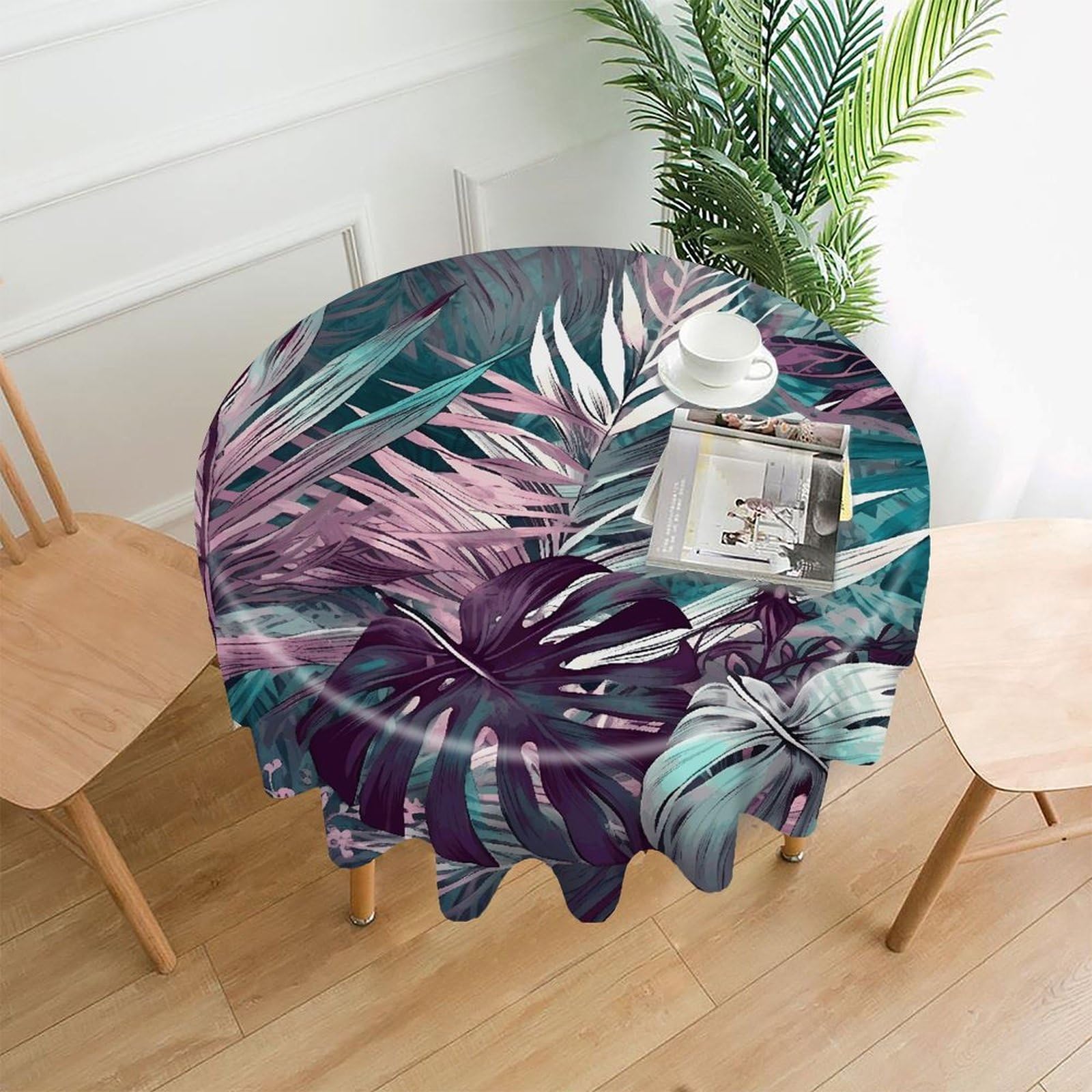 LZQPOEAS Palm Leaf Pattern Tablecloth Decorative Round Table Cloth Wrinkle Resistant Round Tablecloth Washable Circle Table Cover for Kitchen Dining Party Wedding Camping 60 Inch