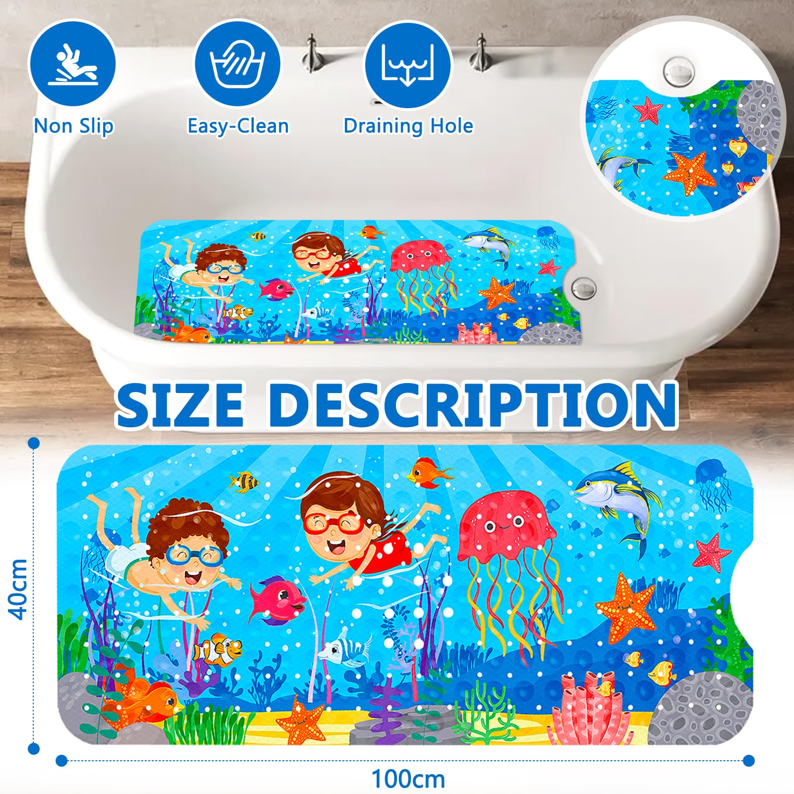 Tappeto Vasca Antiscivolo Bambini,Tappetino Doccia Antiscivolo,100x40cm Tappetino Vasca Antiscivolo Bambini da Bagno,Tappetino Antiscivolo per Vasca da Bagno, Modello Animale Marino.