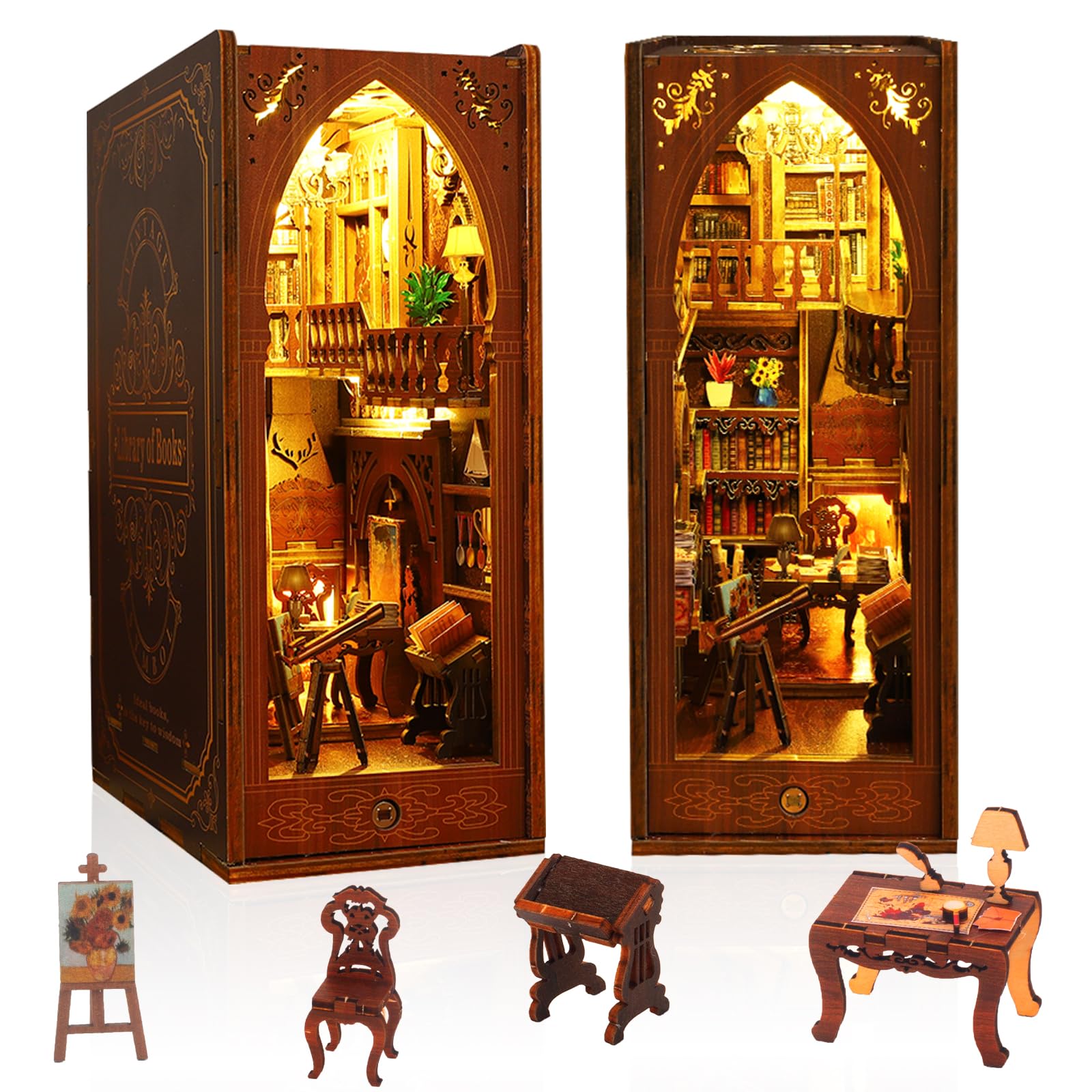 Book Nook Kit - DIY Miniature Model Wooden Dollhouse Booknook with LED Light for Adults Teen, Building Mini Puzzle Toy Bookends Shelf Decor Crafts for Boy Girls Gifts - Library of Books