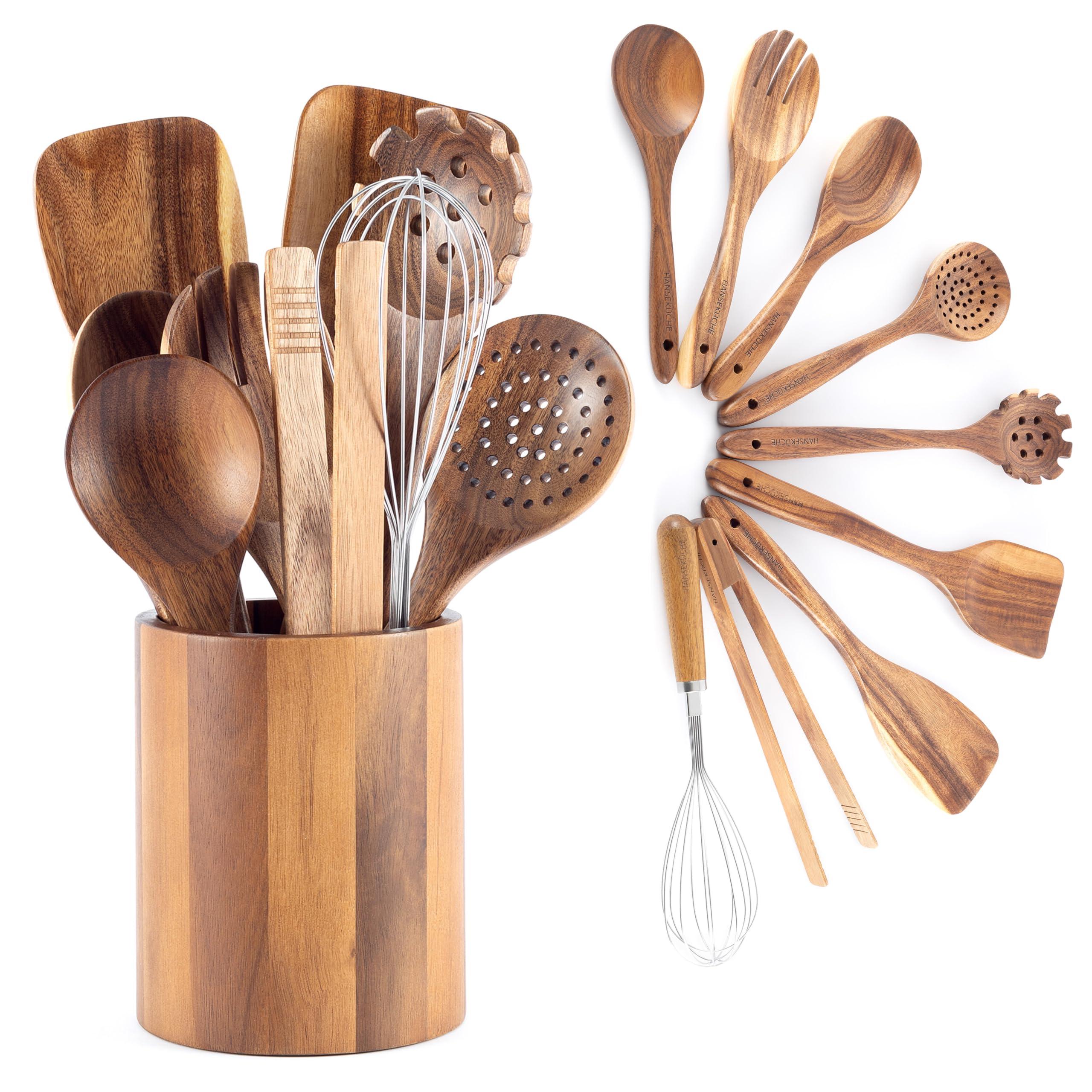 Hanseküche Küchenhelfer Set aus Holz - Grillzange, Schneebesen, Pfannenwender, Holzlöffel und Nudelschöpfer 9 teilig Löffel Teakholz (9er Set)
