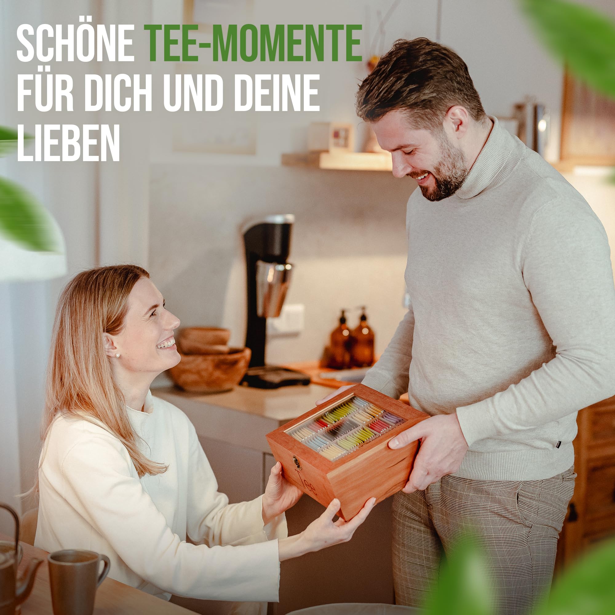 Premium Teebox Set aus Kirsch Holz mit 20 flexiblen Fächern und Sichtfenster(22,5x31x15cm) - [Extra große Schublade + Einzigartige Kirschholz Untersetzer] - edle Teeaufbewahrung