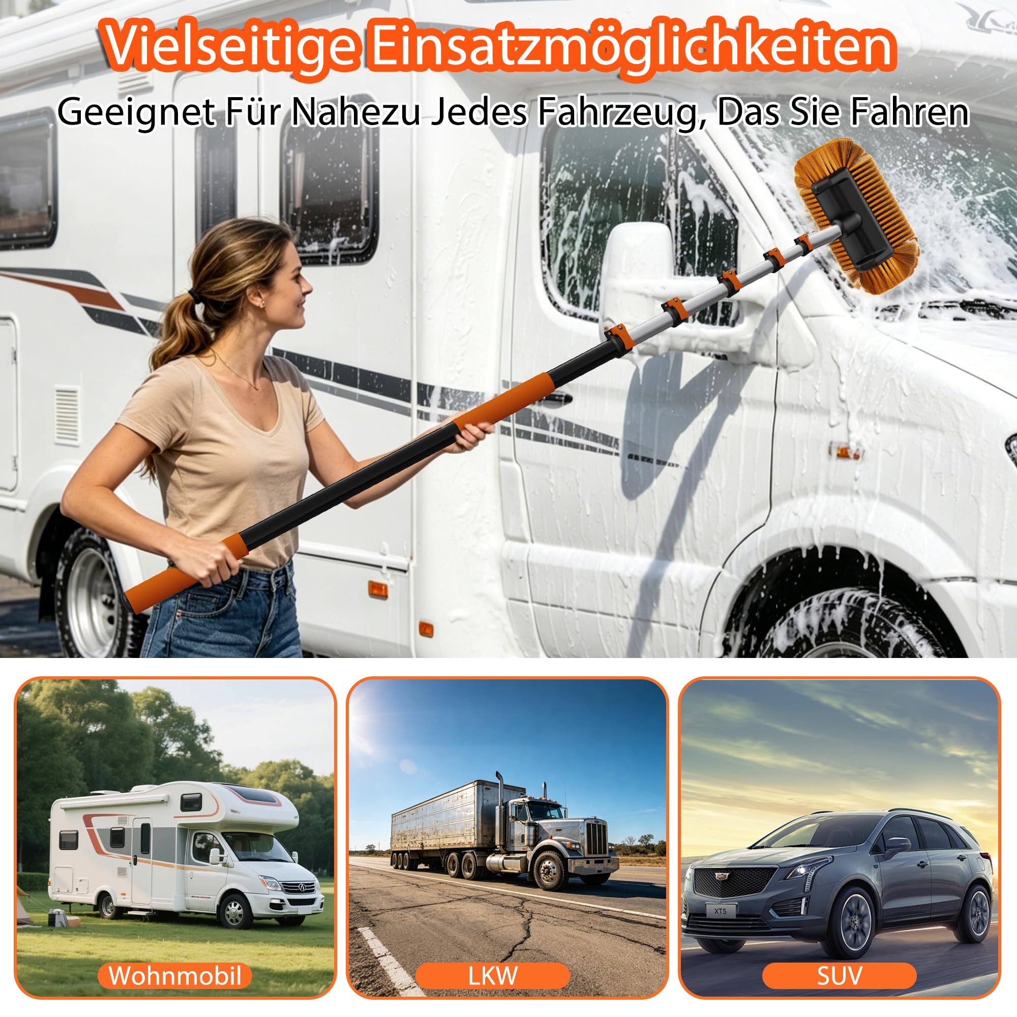 Autowaschbürste mit 5,5 m Reichweite & langem Stab, Autowasch-Set mit 1,2–3,6 m Teleskopstab, Radbürste, Mikrofaser-Wischmopp, Waschhandschuh, Fensterabzieher für PKW, Wohnmobile, LKW & SUV