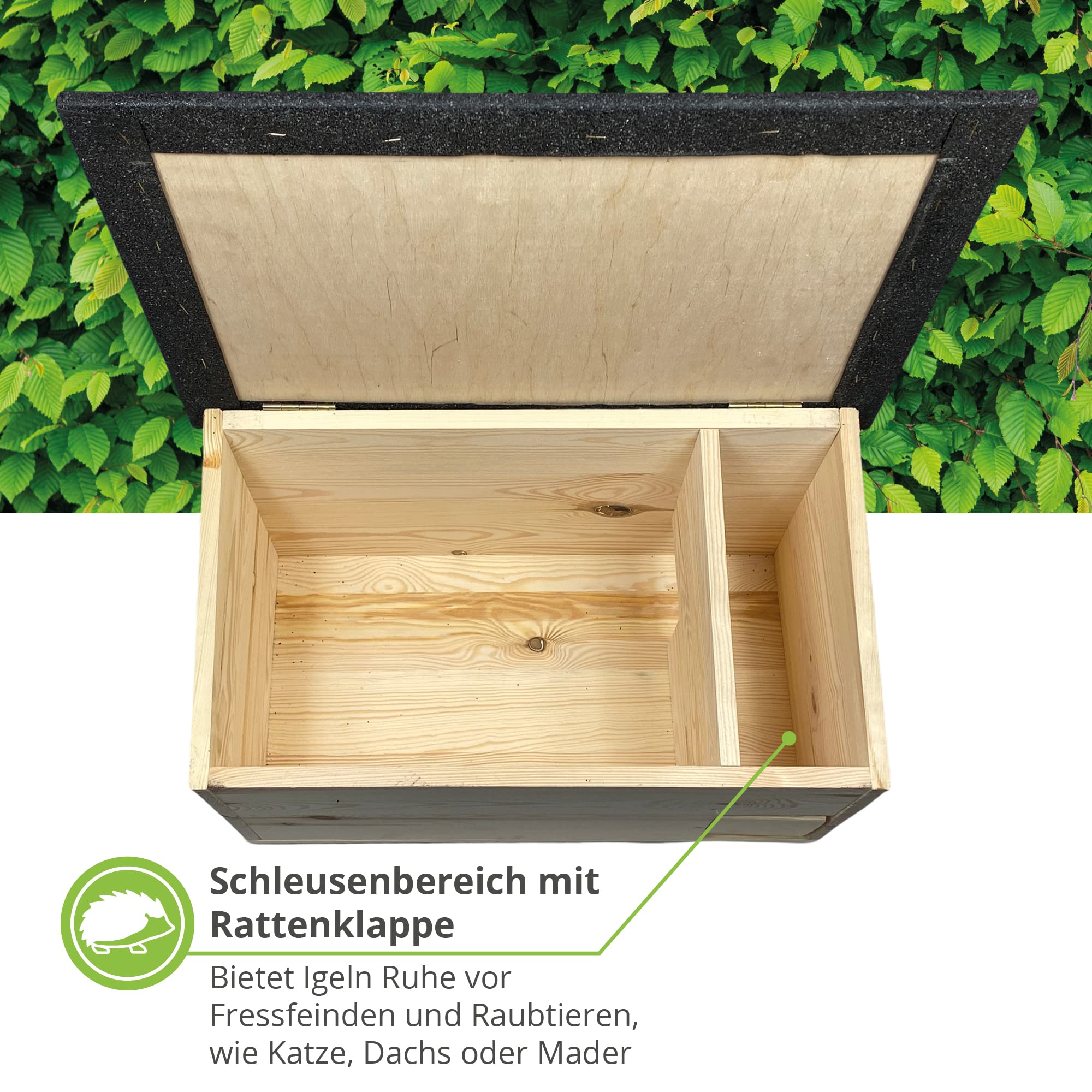 Igelhaus mit Rattenklappe & Labyrinth-Eingang Winterfest Katzensicher aus zertifiziertem Holz Deutschland