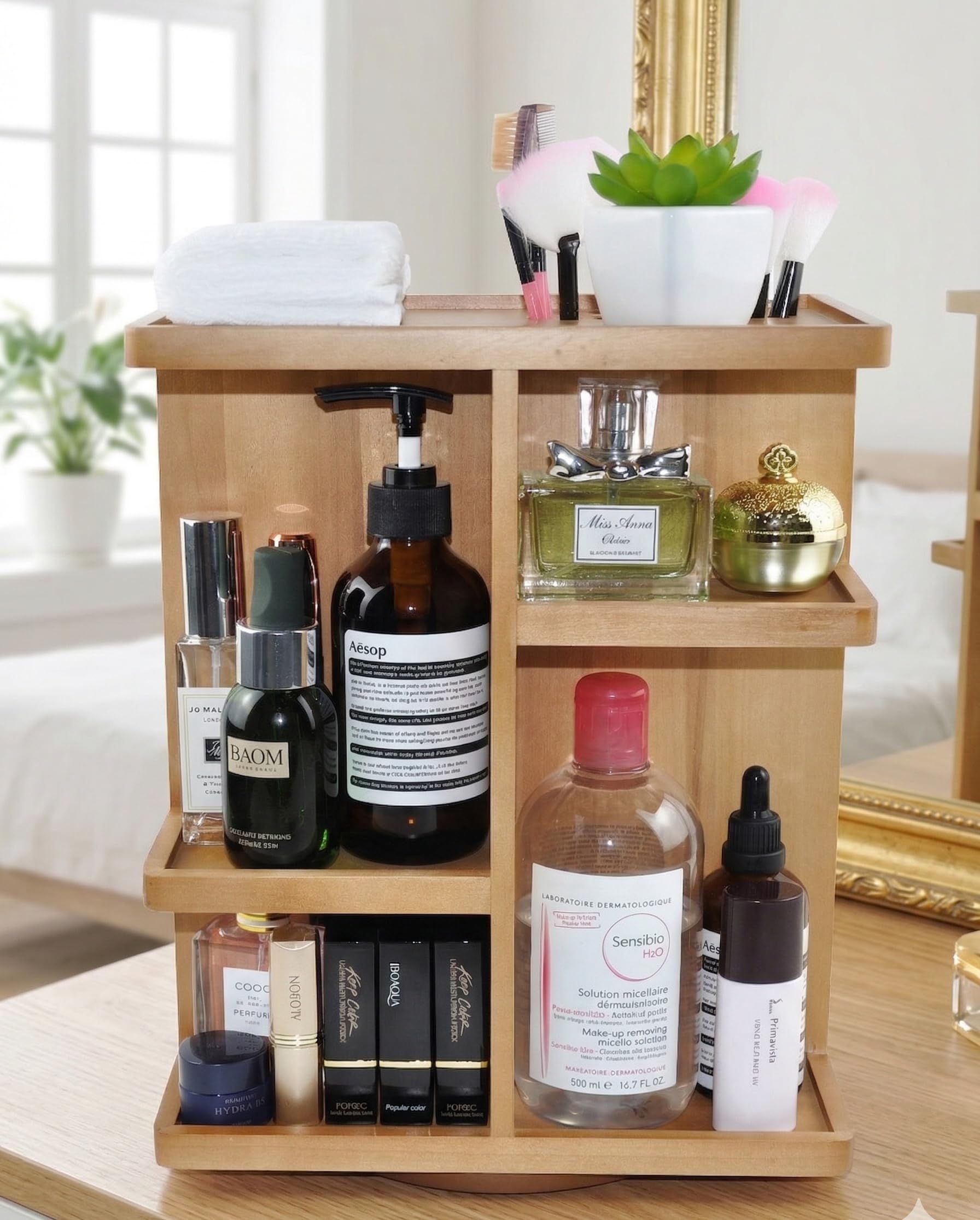 Drehbarer Kosmetik-Organizer, Multifunktions-Aufbewahrung, 360 Grad Karussell für Make-up, Toilettenartikel, Waschtisch, Schreibtisch, Schrank, massives Naturholz mit Akazienbraun
