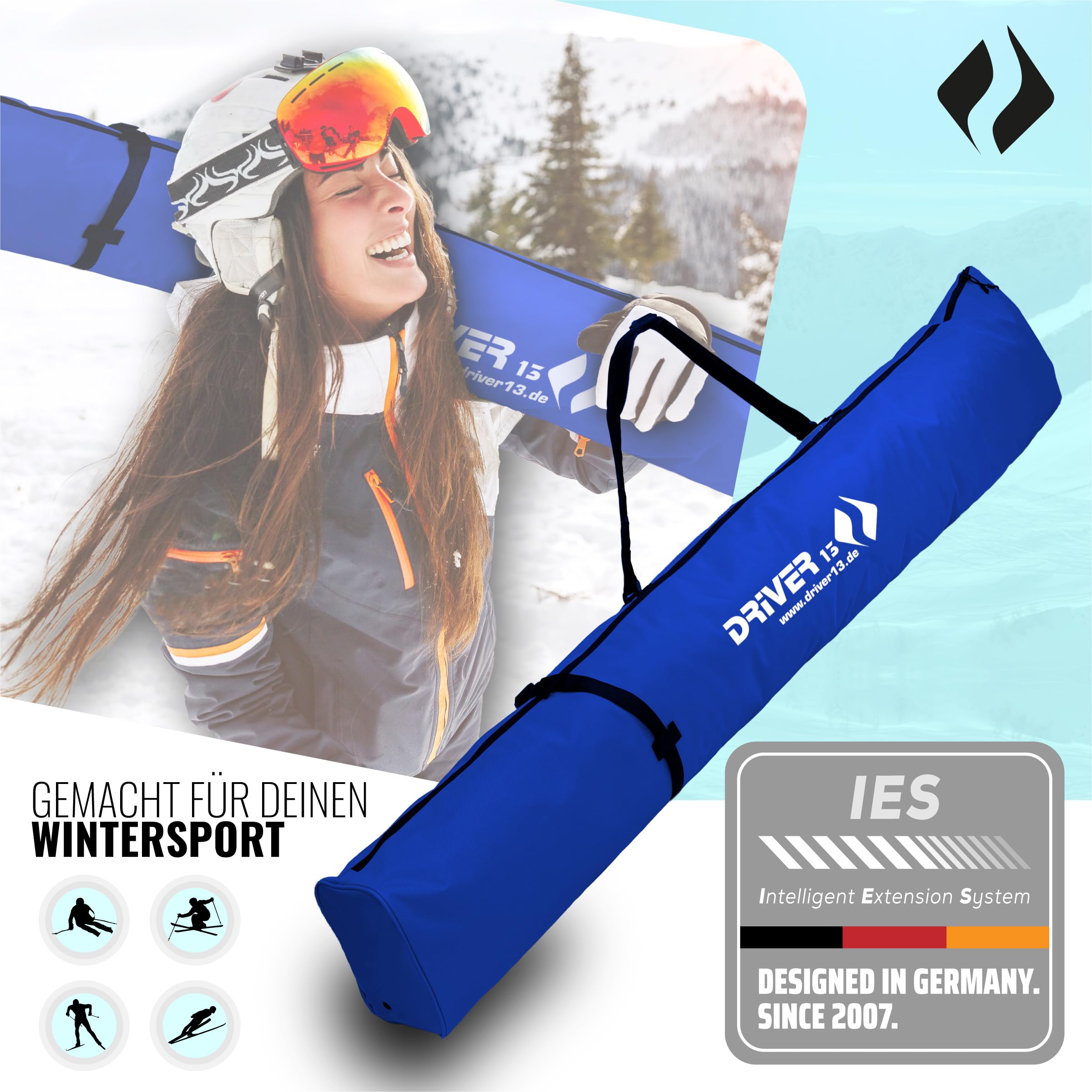 Driver13 Skitasche Skisack für Ski und Skistöcke, längenverstellbar, Tasche für Transport und Aufbewahrung beim Skifahren