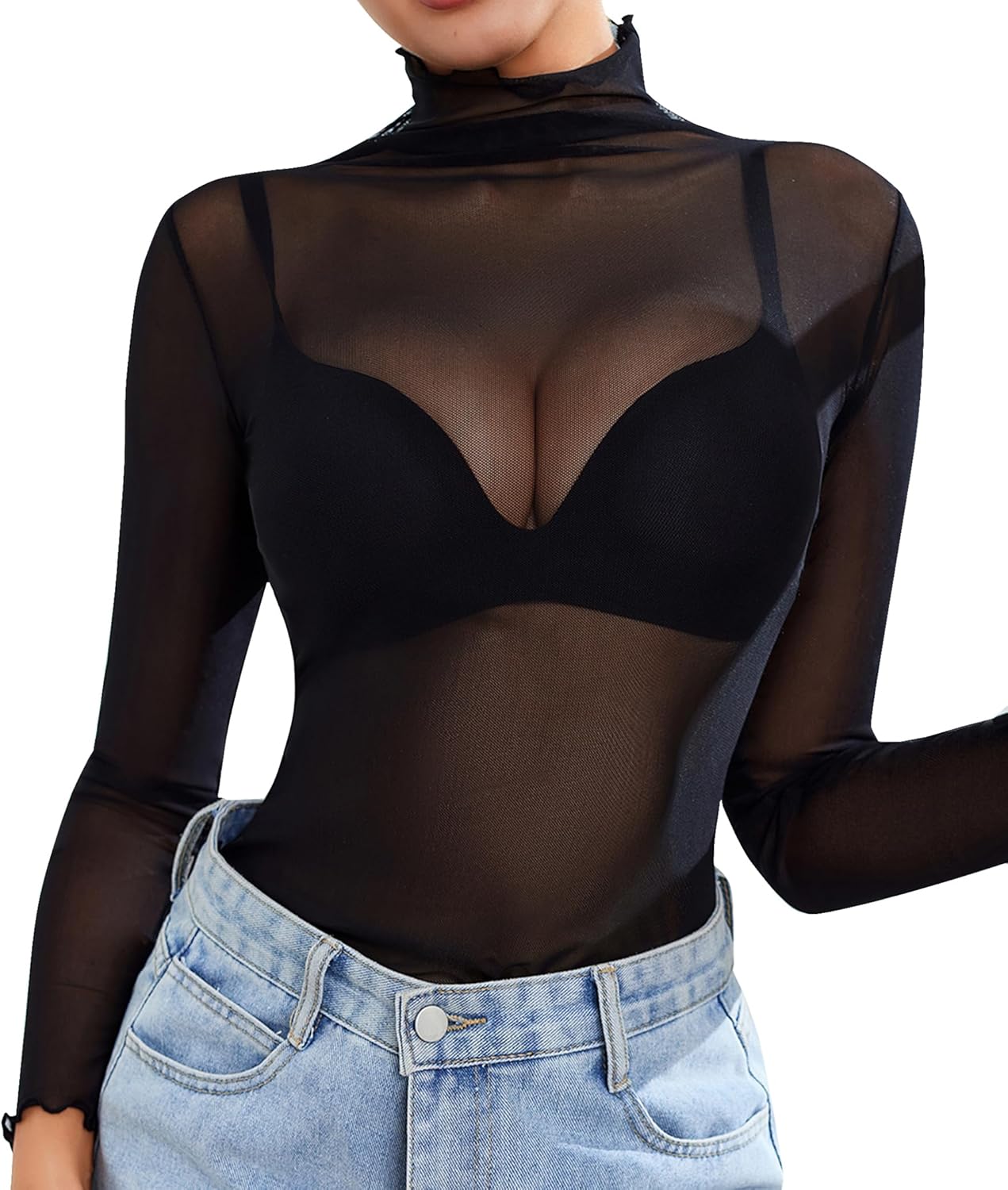Women Mesh Tops Sheer Long Sleeve Mock Neck See Through Sexy T-Shirt