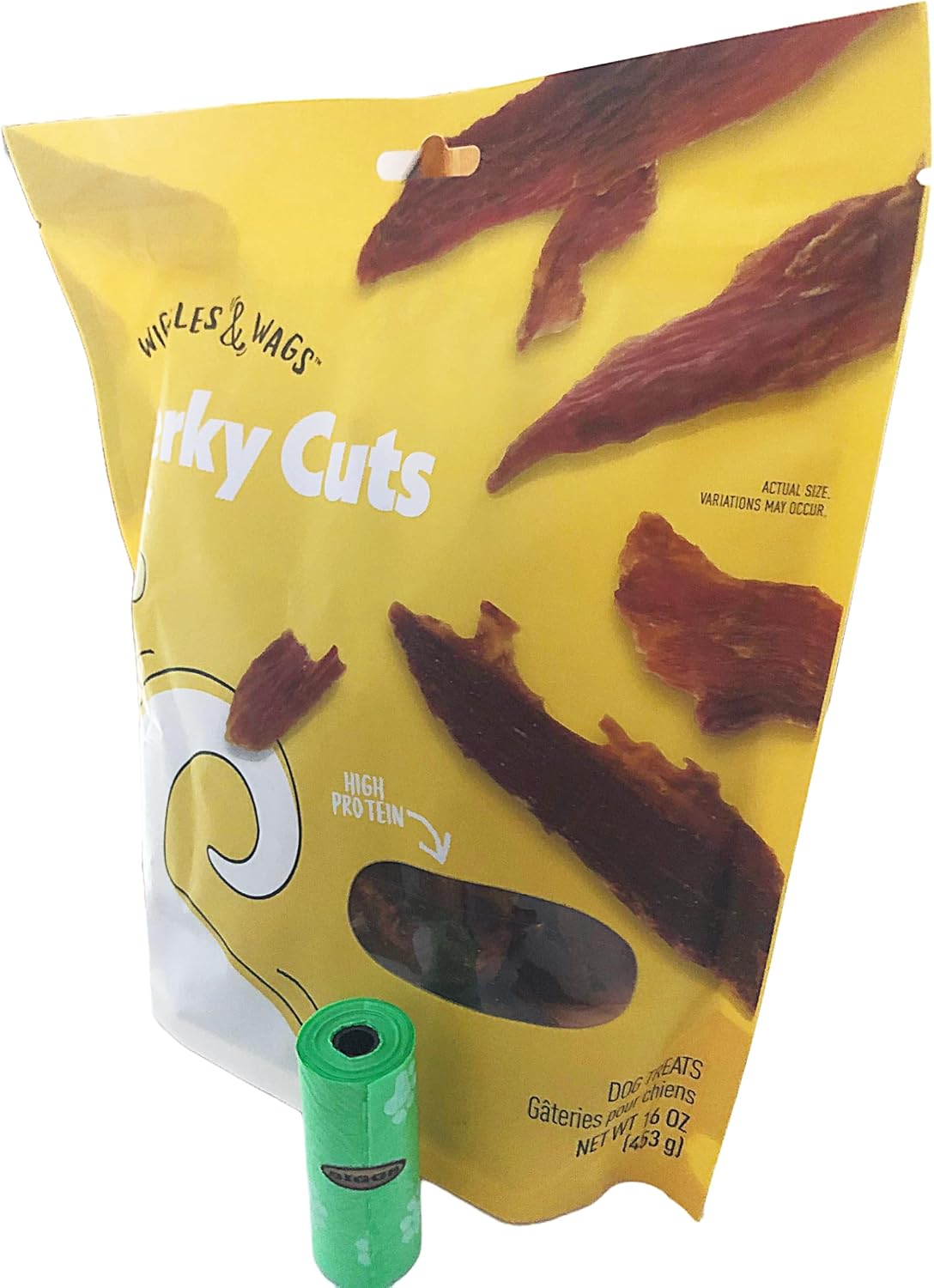 BIGGS Combo Pack Wiggles & Wags Jerky Cuts Duck Jerky Dog Treats. 1-16 Ounce (453 g) Bag, Dog Waste Roll.