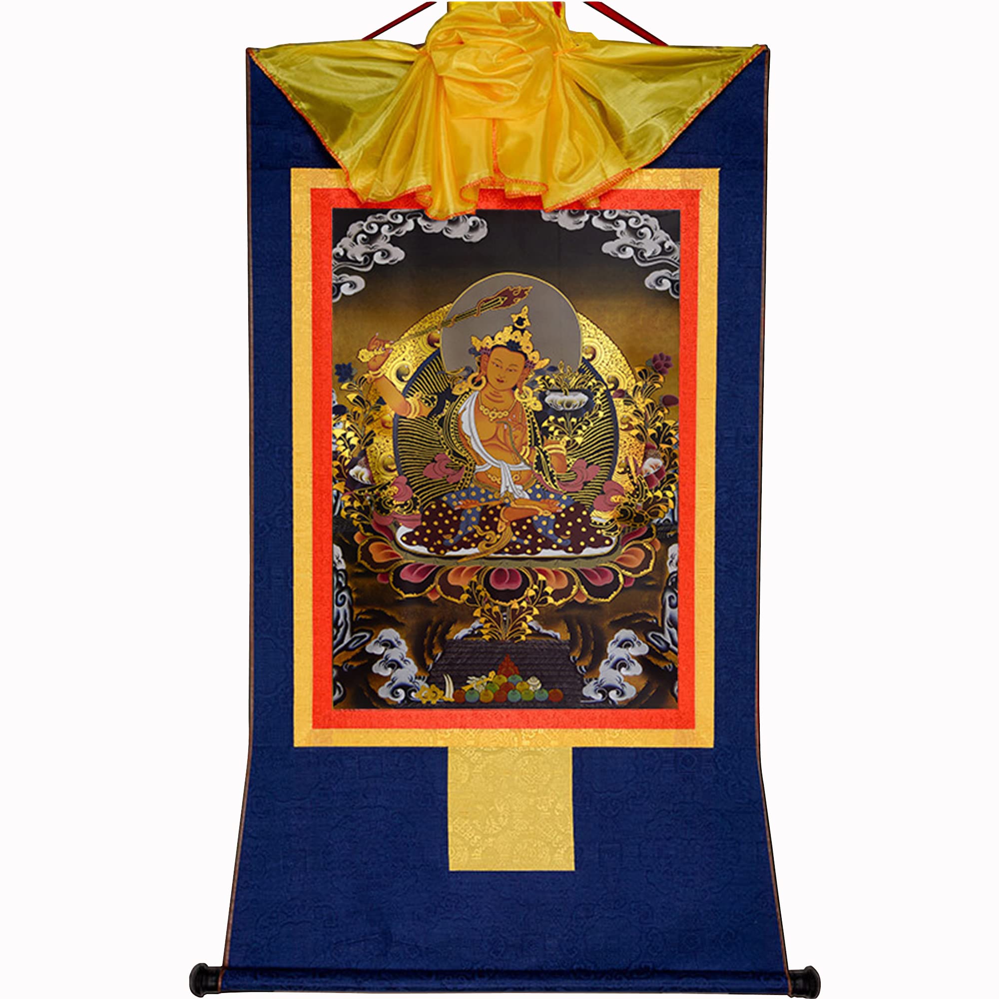 Gandhanra Blue Tibetan Buddhist Thangka Wall Hanging,Manjusri Thangka,Hot Stamped Brocade Buddhist Tapestry For Zen Home Decor, Meditation, Spiritual Relaxation