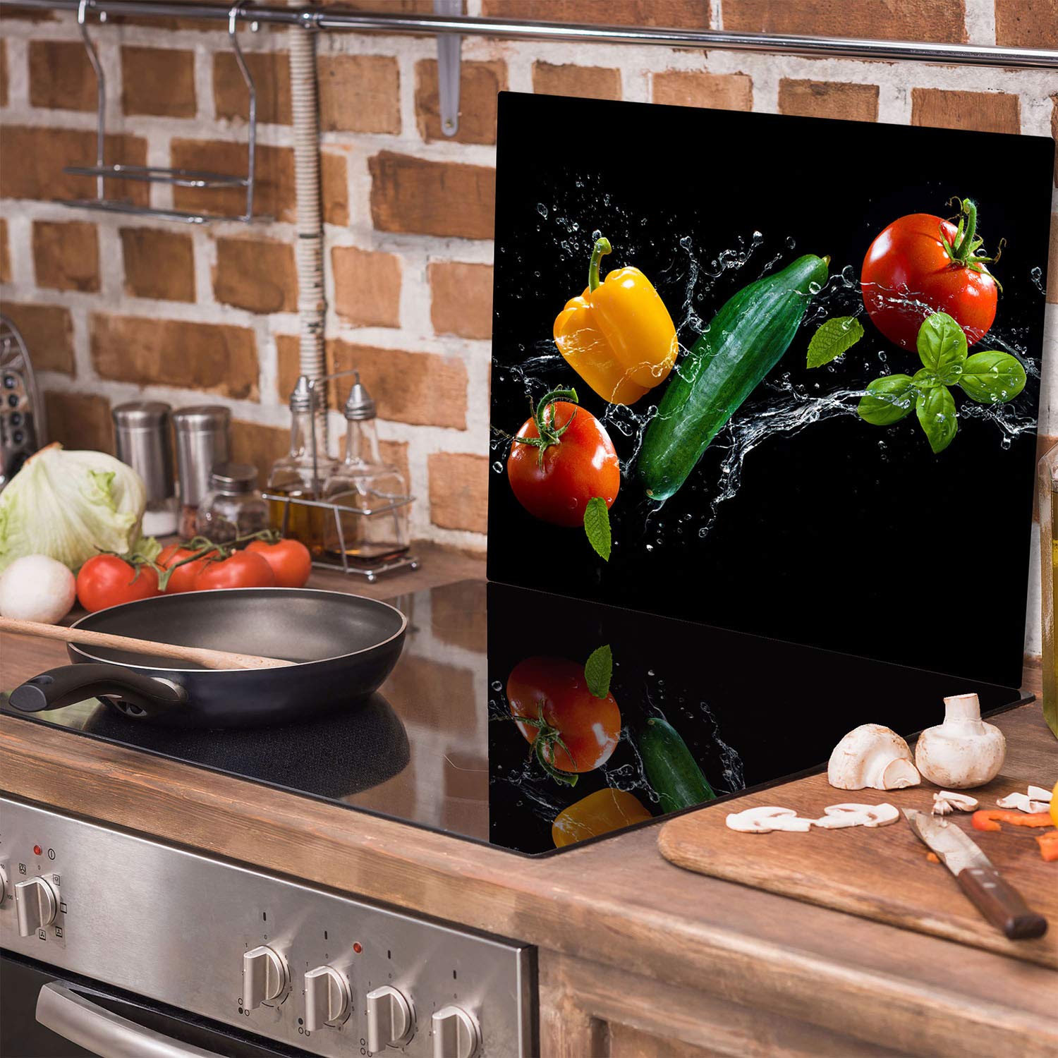 TMK - Plaque de protection en verre - 60 x 52 cm - Pour cuisinière électrique - Protection contre les éclaboussures - Plaque en verre - Décoration - Planche à découper - Légumes