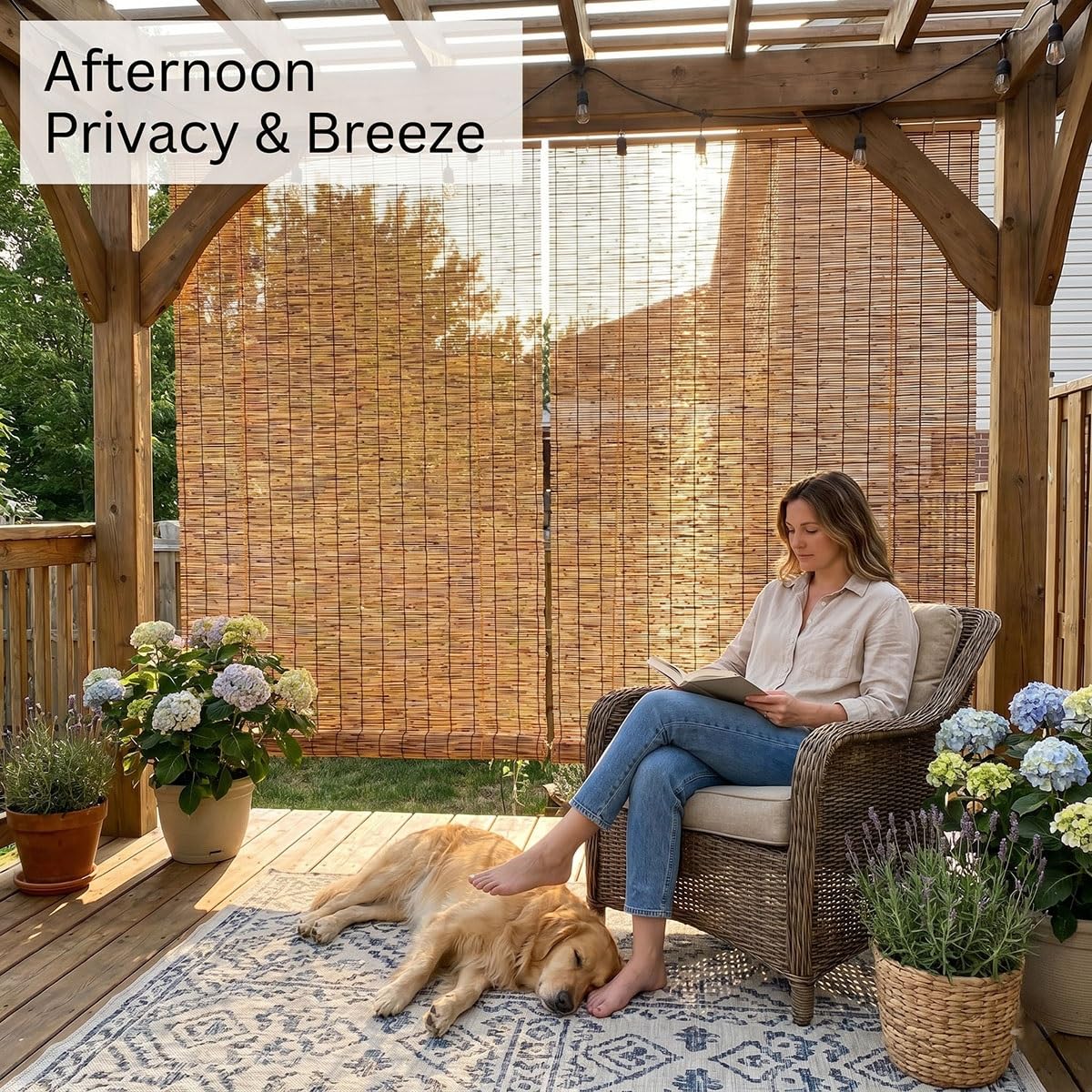 Bambusrollo Outdoor Wetterfest, Natur Bambus Rollo mit Lifter, Sichtschutz Balkon Bambus, Sonnenschutzrollo Außen für Garten, Schilf Vorhang Aussenbereich, Verdunkelung(Natural,100W x 120H cm)