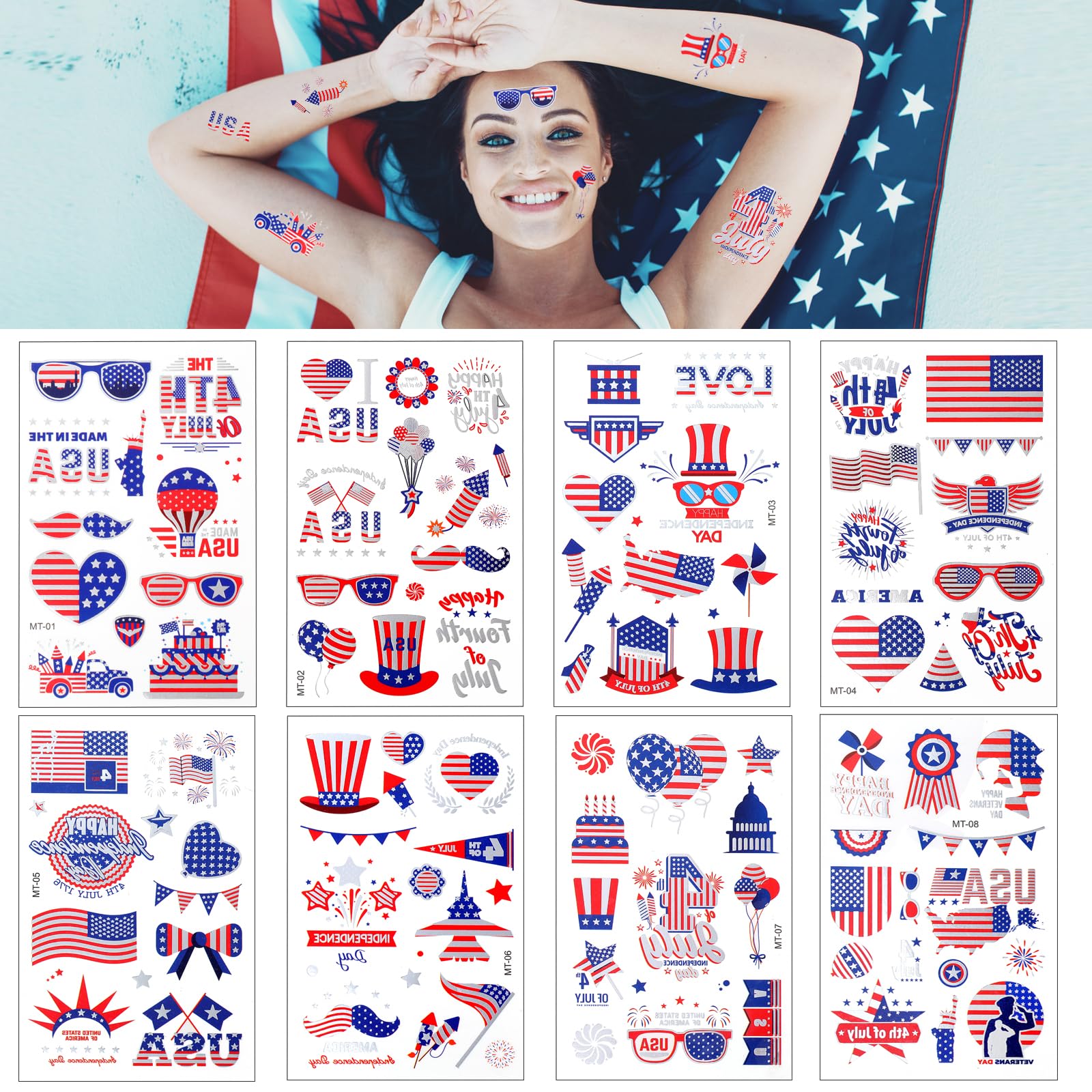 Zienlay 4th of July Temporary Tattoos, Metallic USA Fourth of July Patriotic Tattoos | American Flag Red White and Blue Face Tattoo Stickers, Independence Day Memorial Day Party Accessories Decoration