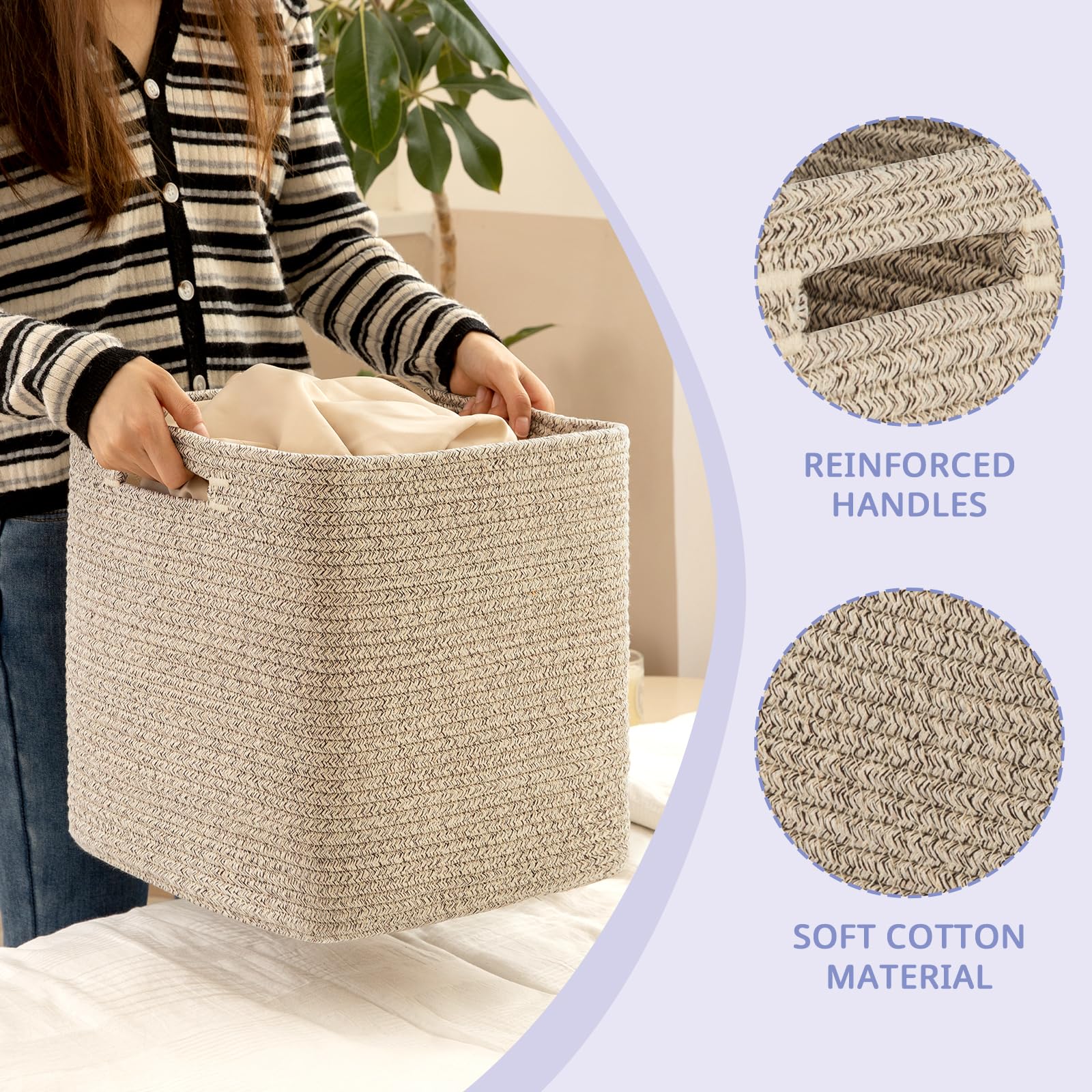 OIAHOMY Cestas de almacenamiento tejidas de cuerda de algodón para organizar, 33 x 33 cm, 2 unidades, color marrón