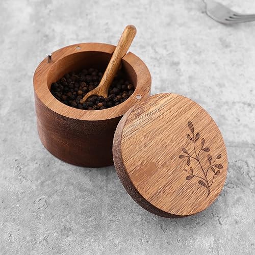 Miniatura 5 de DGYLL Juego de caja de sal de madera de acacia, sin cuchara. Sal, cuencos de sal y pimienta con tapa giratoria, recipiente de sal con tapa, 6 onzas